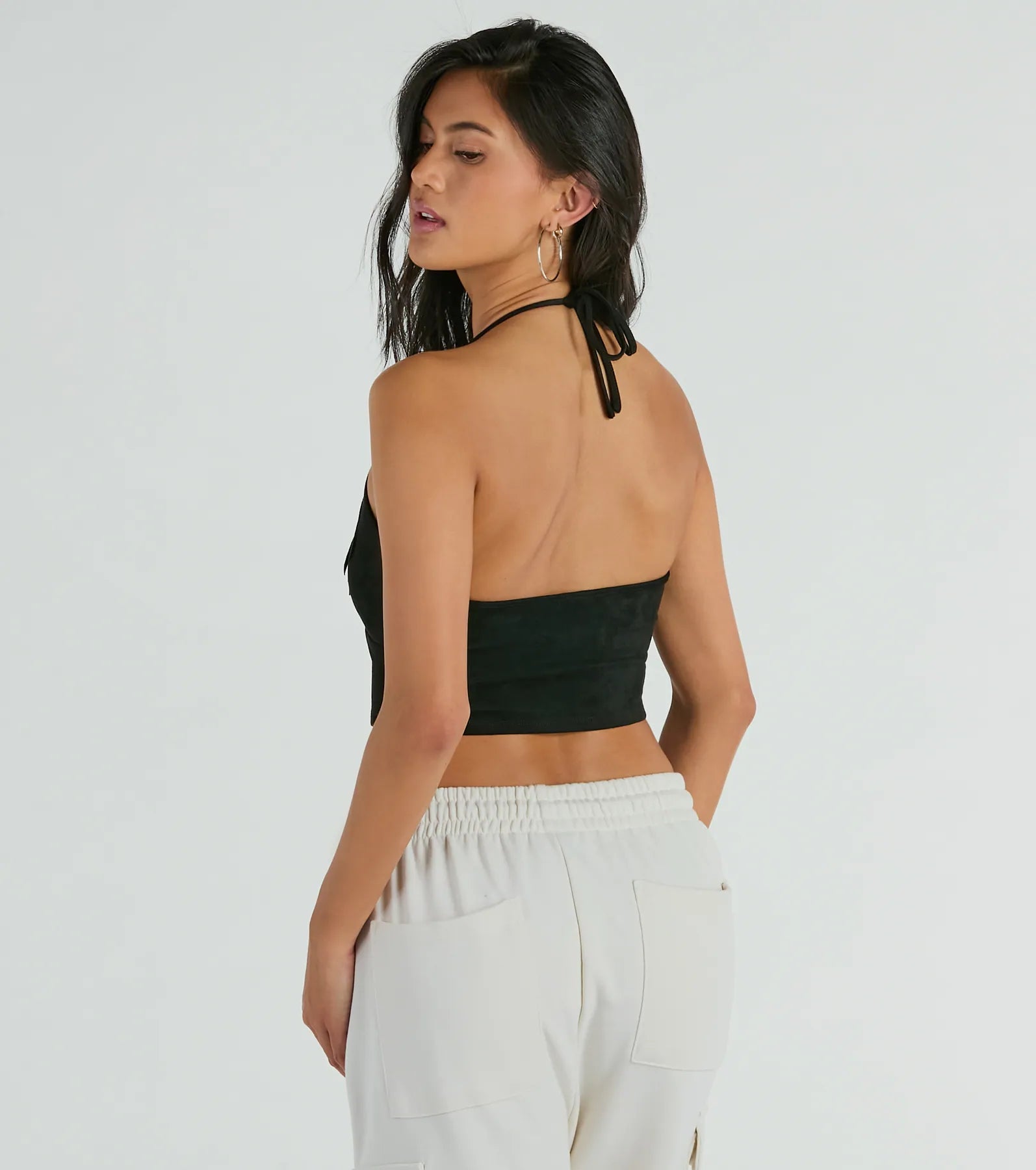 Festive Icon V-Neck Fringe Halter Faux Suede Crop Top