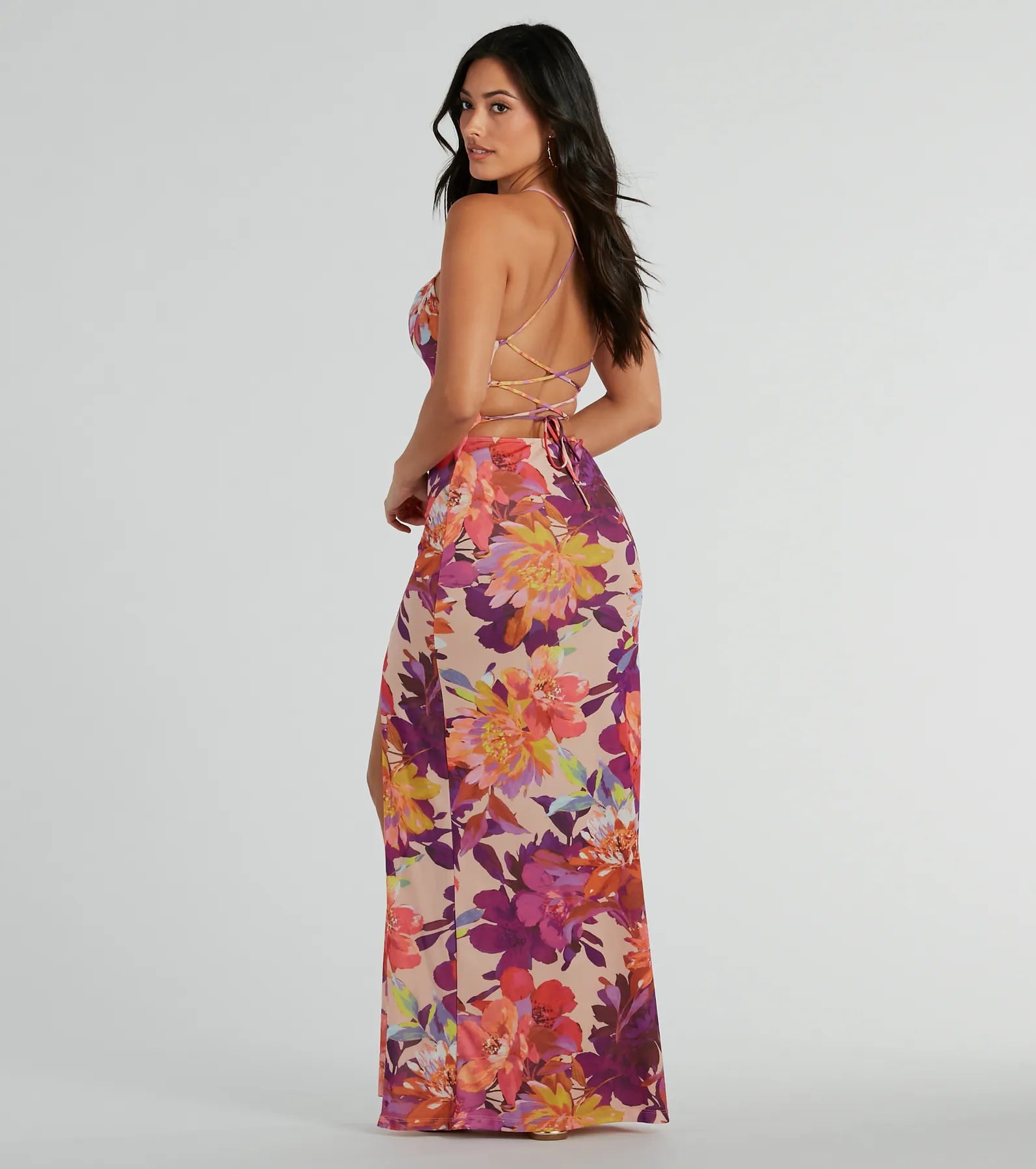 Paradise Babe Lace Up Tropical Floral Maxi Dress