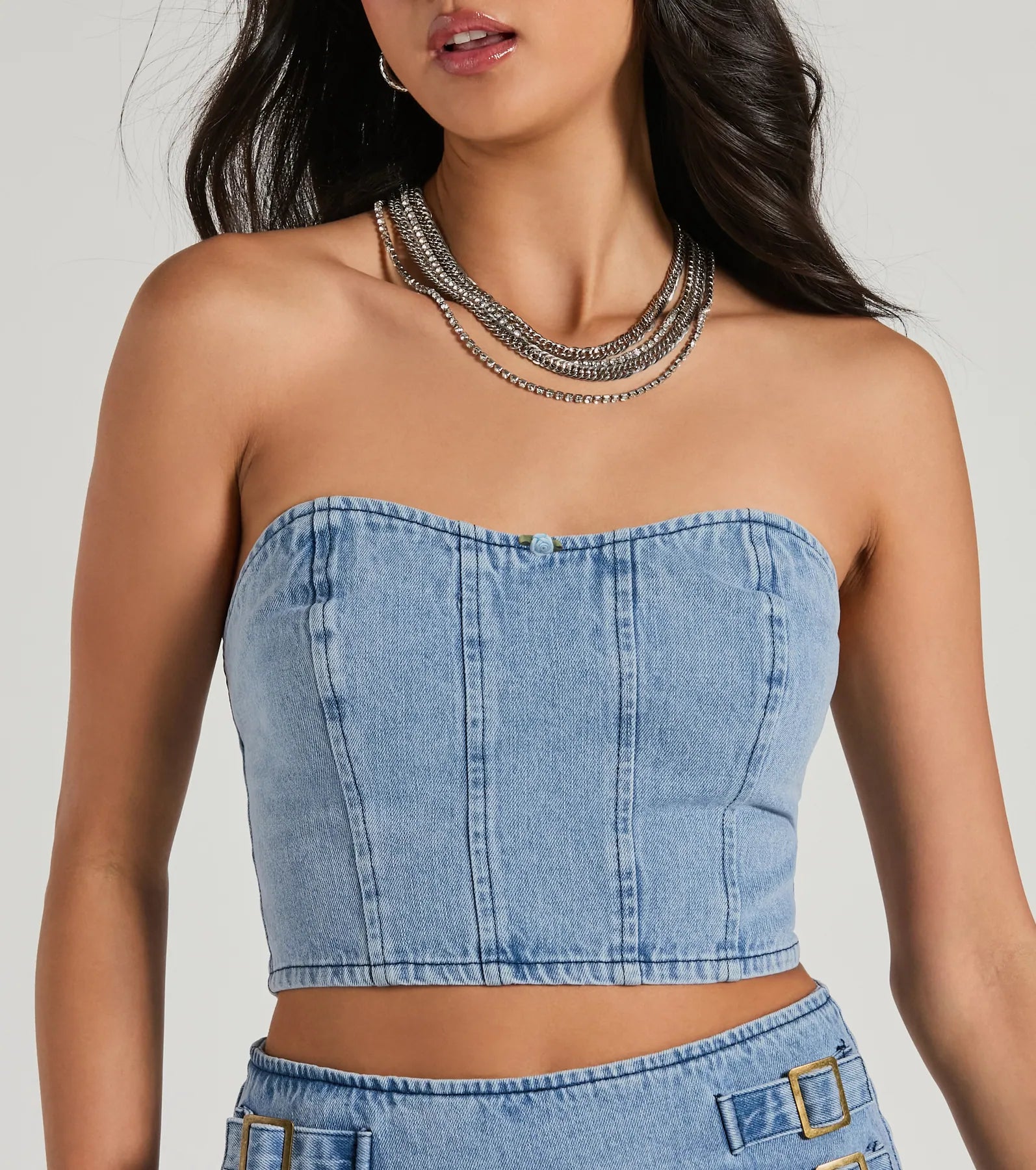 Flirty Duo Strapless Sweetheart Denim Crop Top