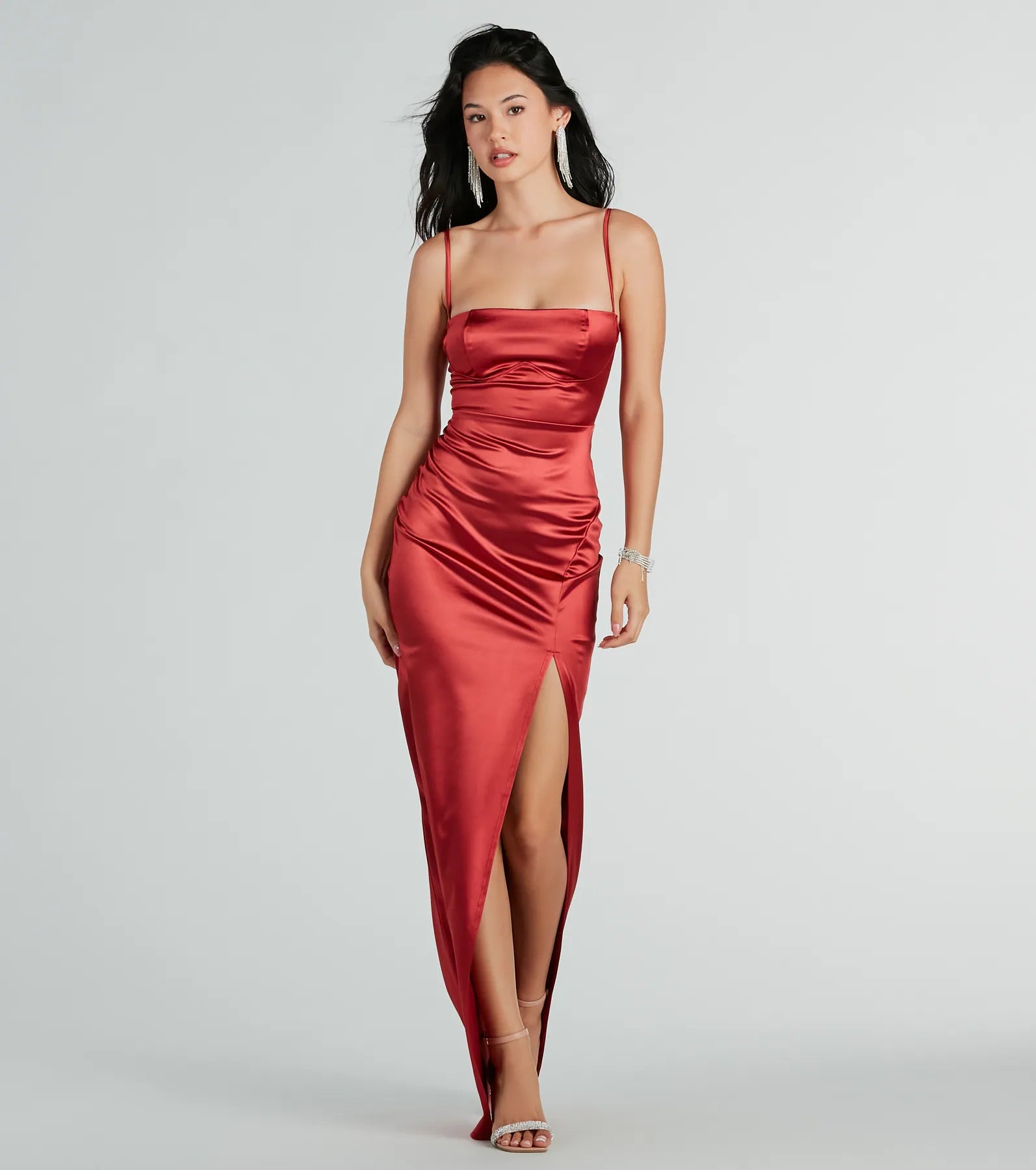 Elena Formal Satin High Slit Long Dress