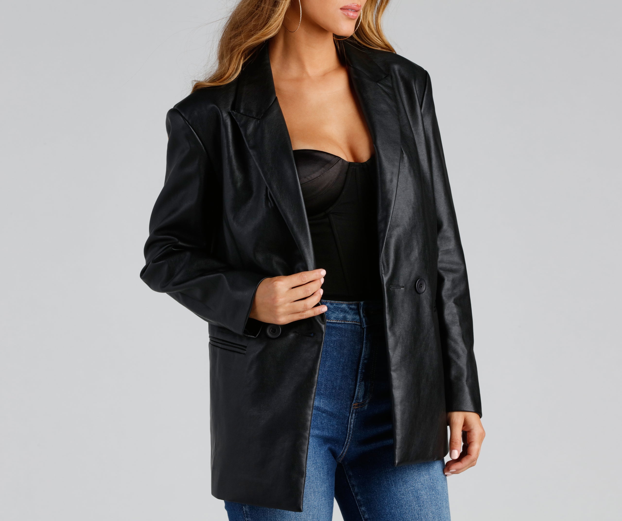 Trendy Oversized Faux Leather Blazer