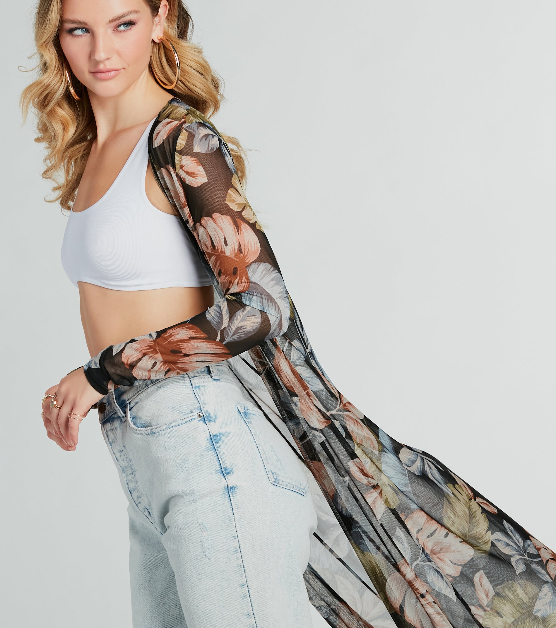 Resort-Ready Tropical Print Mesh Duster