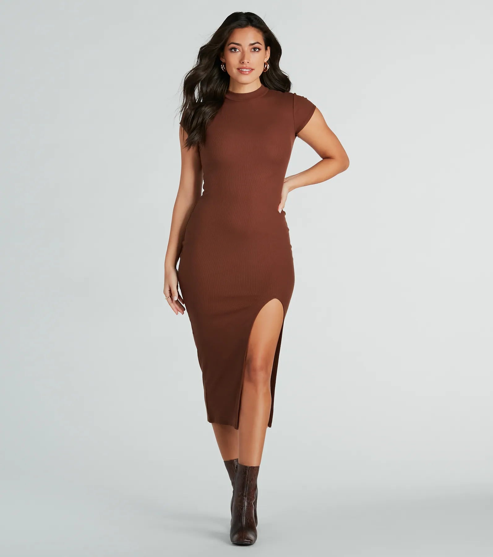 Sweet Demeanor Mock Neck Ribbed Knit Midi Dress