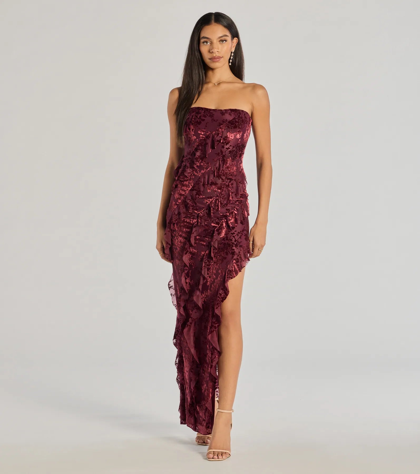 Brie Strapless Ruffled Slit Formal Dress