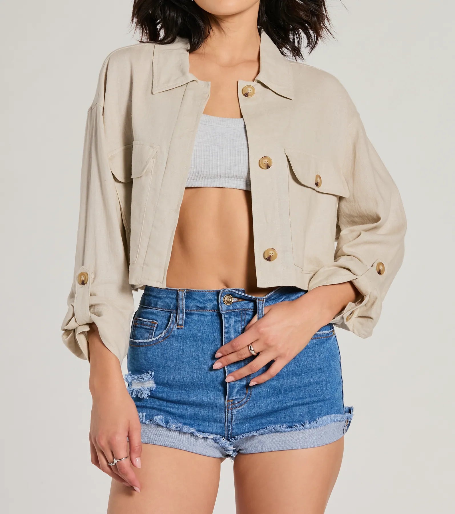 Effortless Personality Button Up Crop Linen Shacket