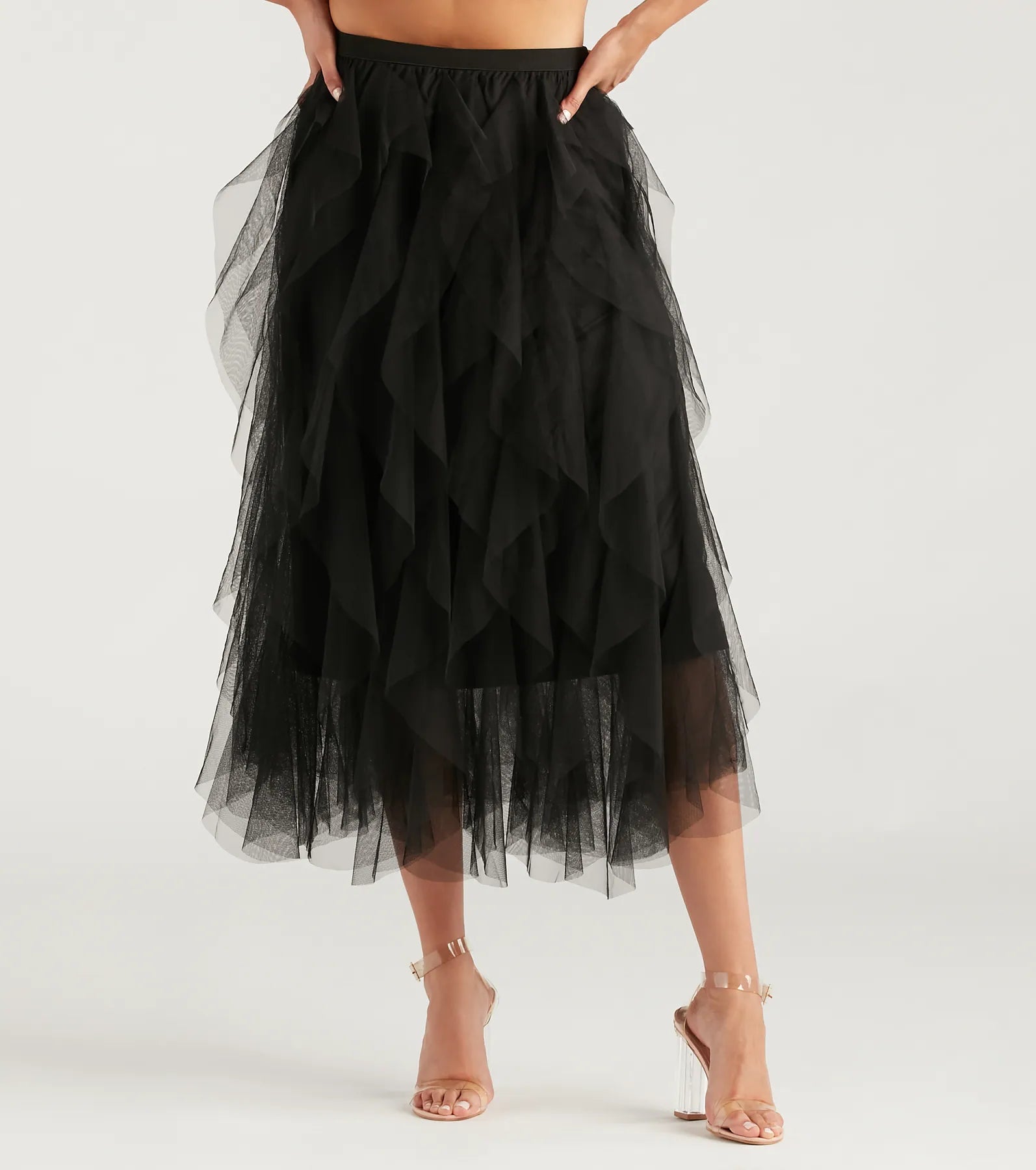 A Little Drama Ruffled Tulle Midi Skirt