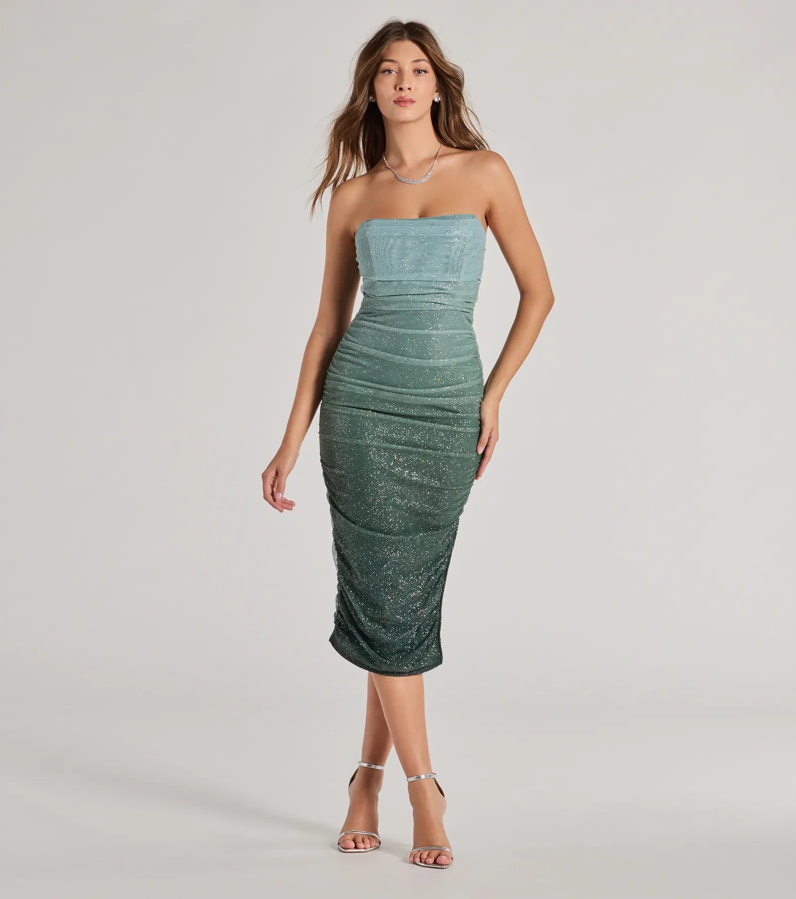 Effortless Dazzle Ombre Glitter Mesh Midi Dress