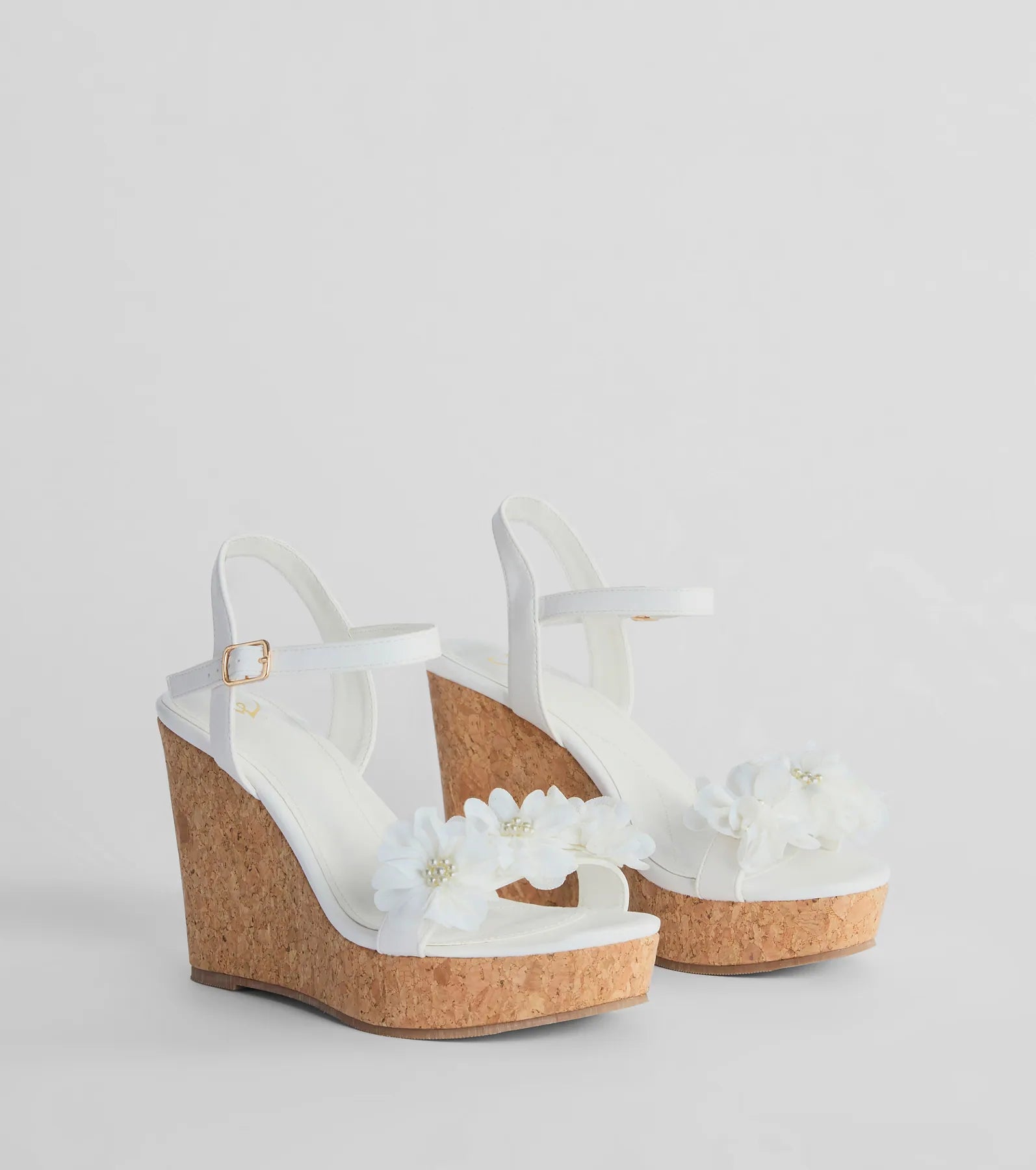 Whimsical Touch Pearl Flower Strap Cork Wedges