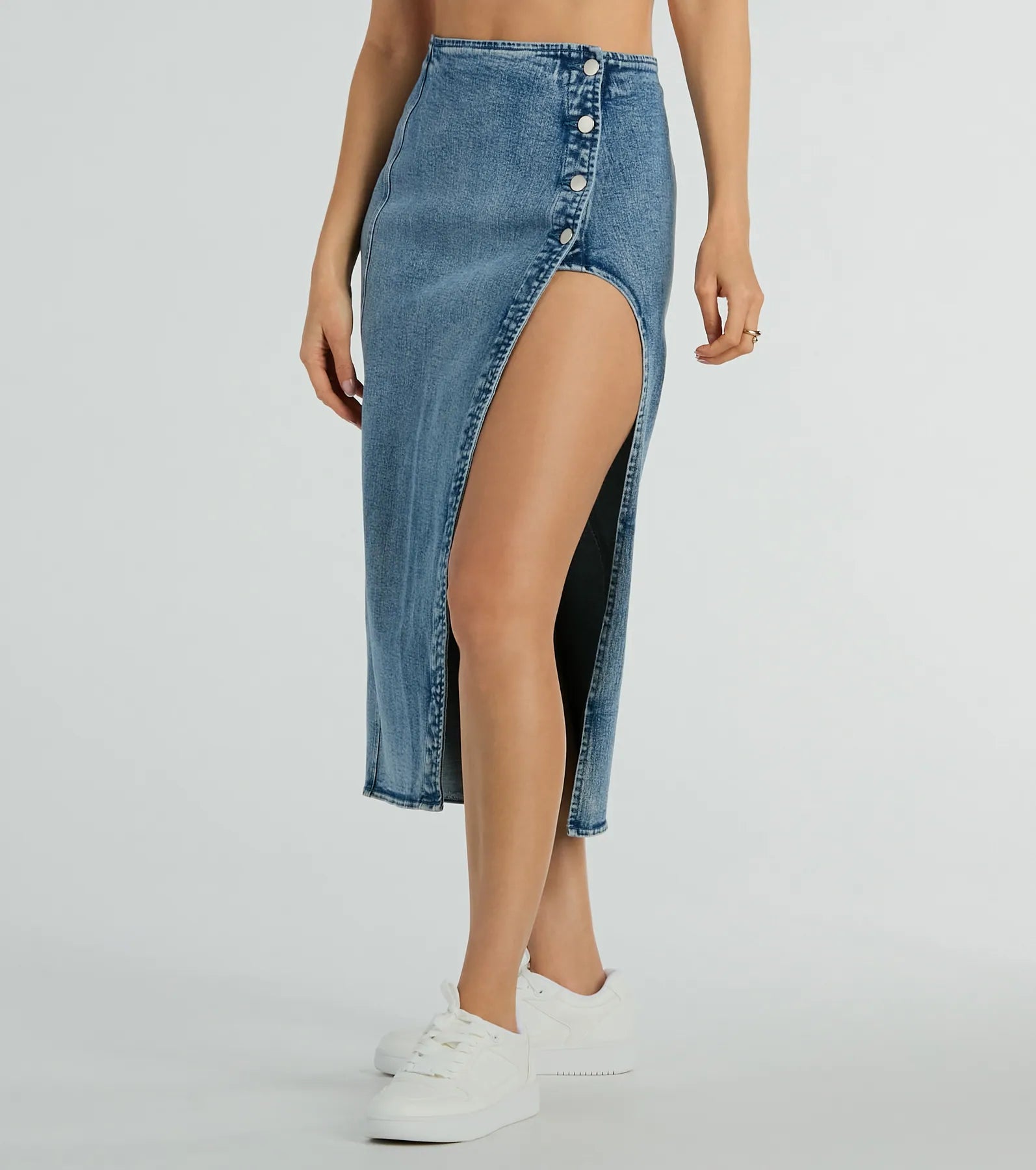 Fab Style Icon High Slit Denim Midi Skirt