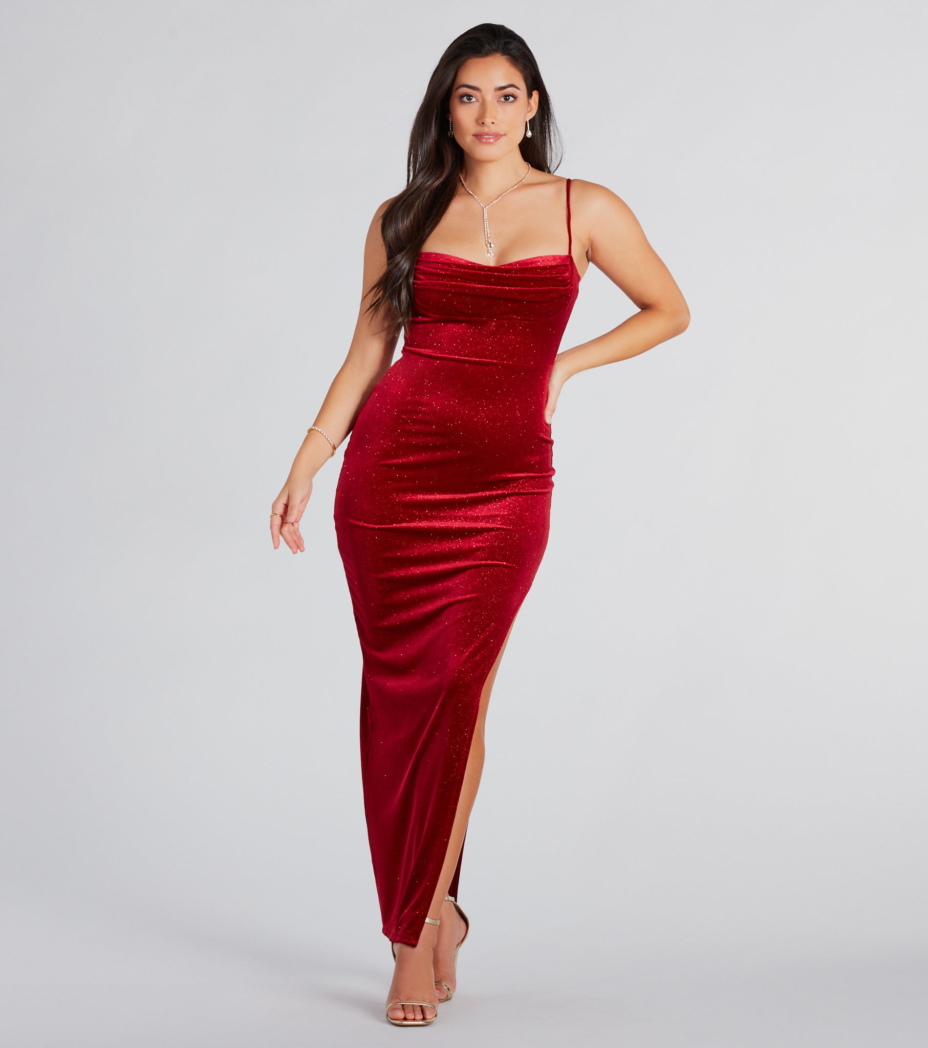 Azelia Formal Glitter Velvet Slit Long Dress