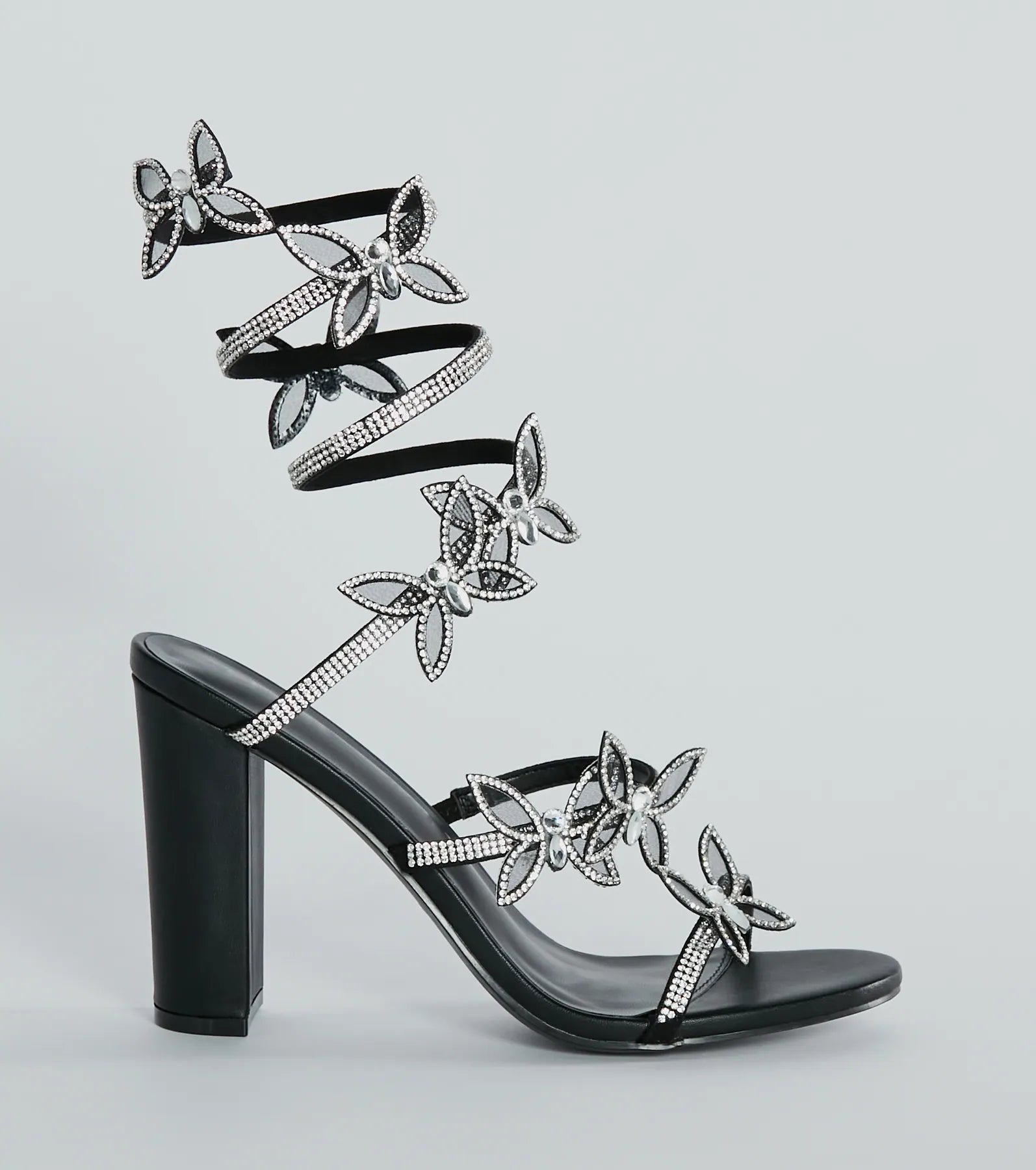 Glamour Butterfly Rhinestone Spiral Block Heels