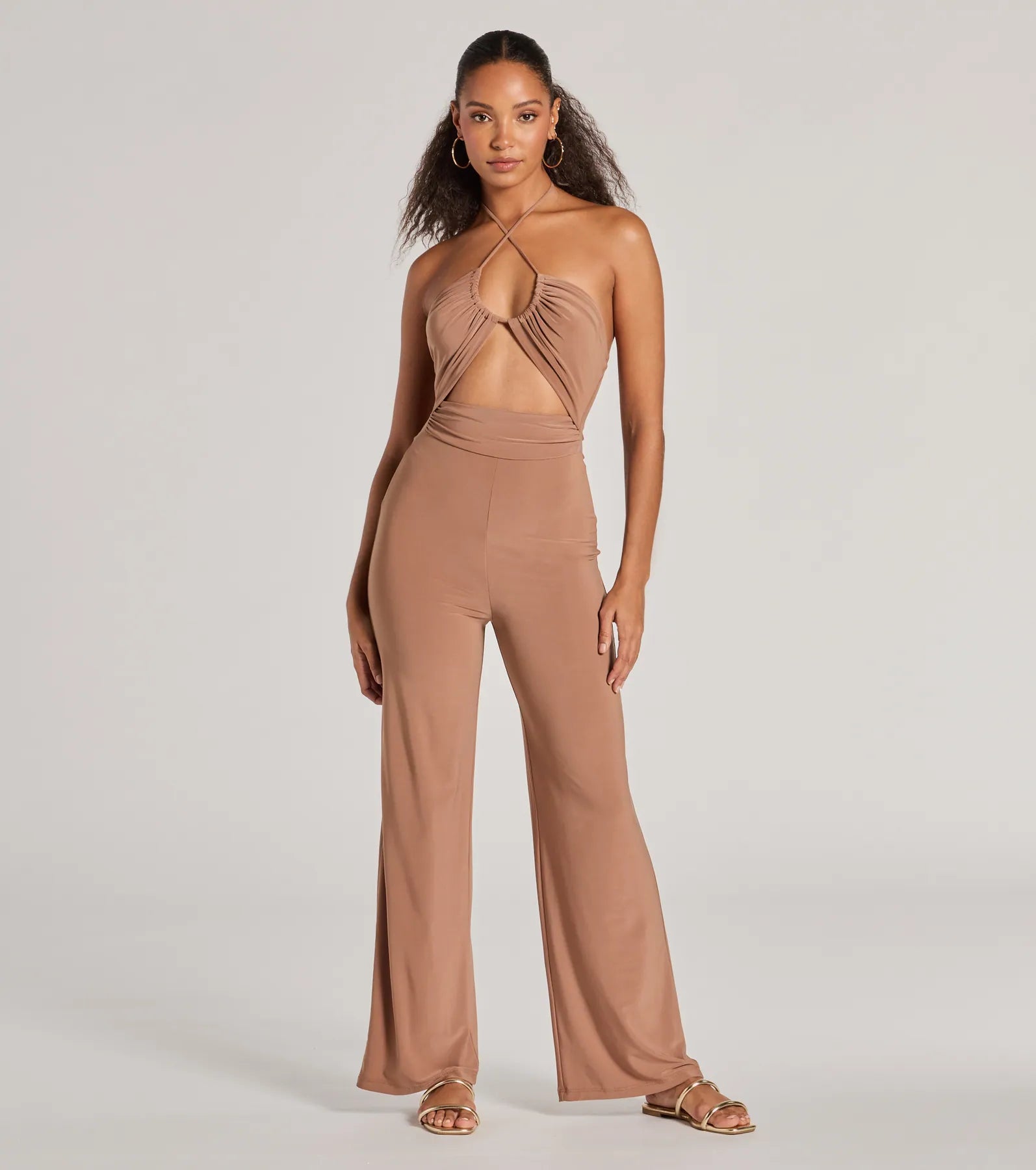 Enticing Sass Halter Cutout Wide-Leg Jumpsuit