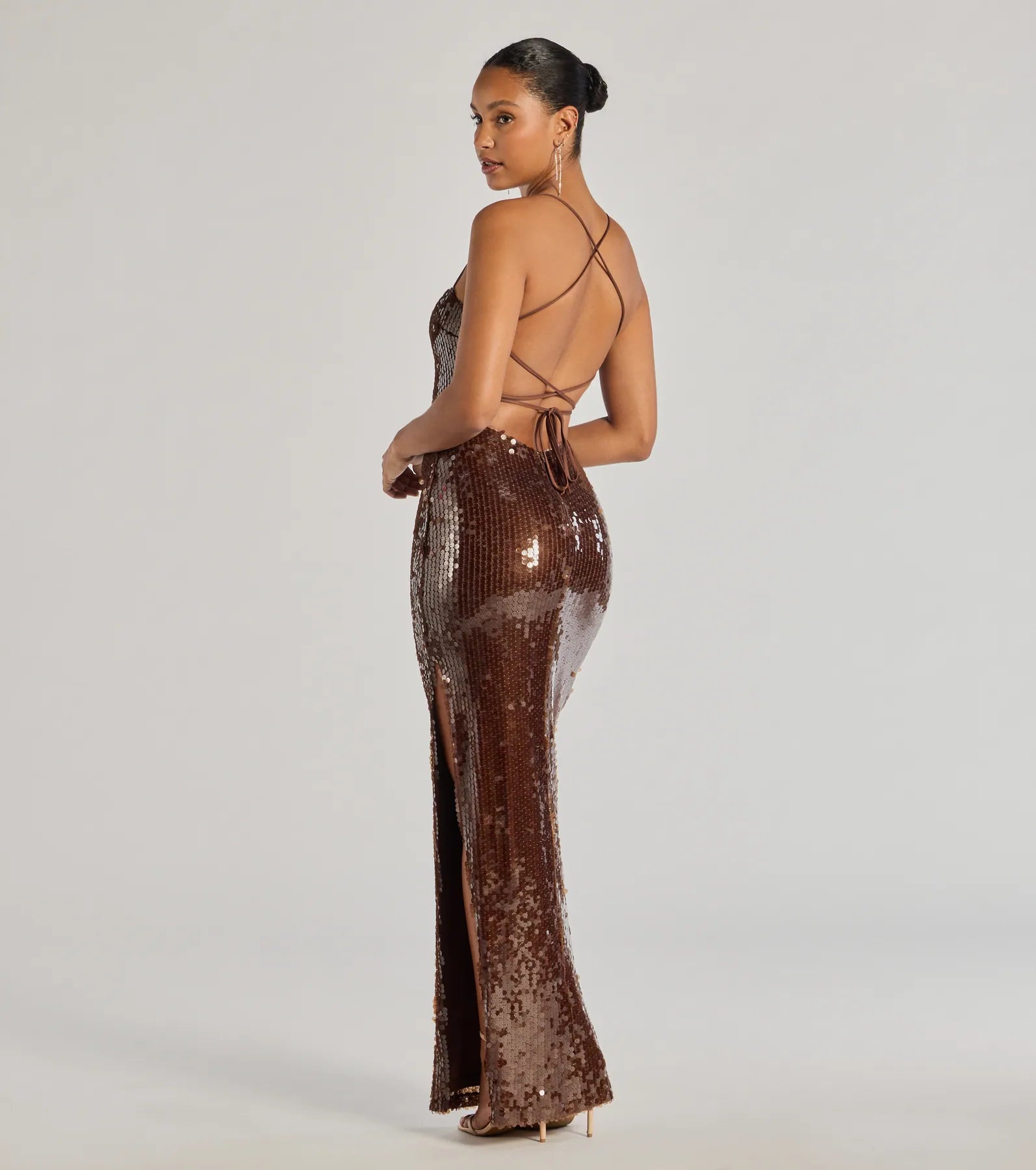 Naya Lace-Up High Slit Sequin Formal Dress