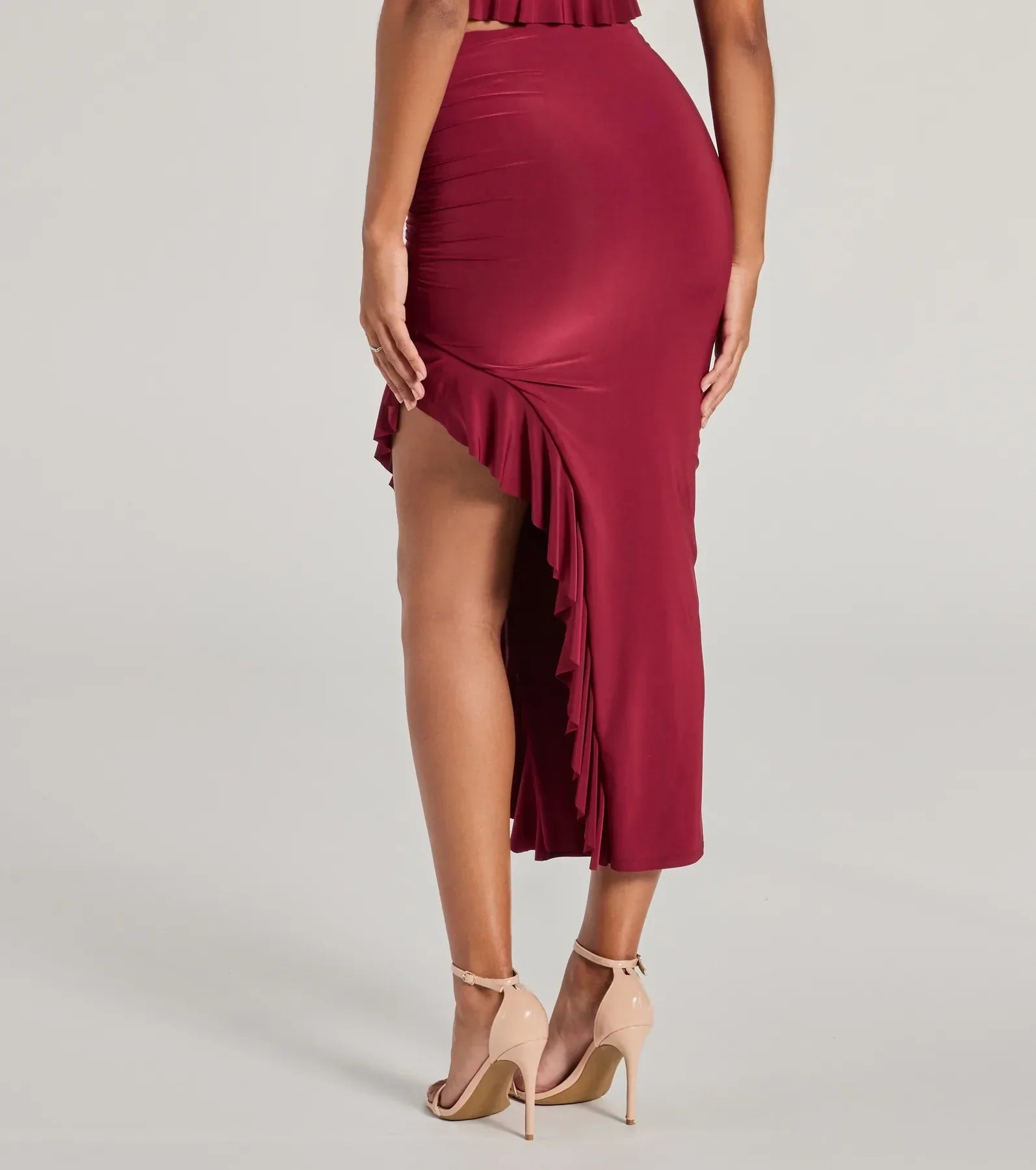 Flirty Moves Ruffled Slit Knit Midi Skirt