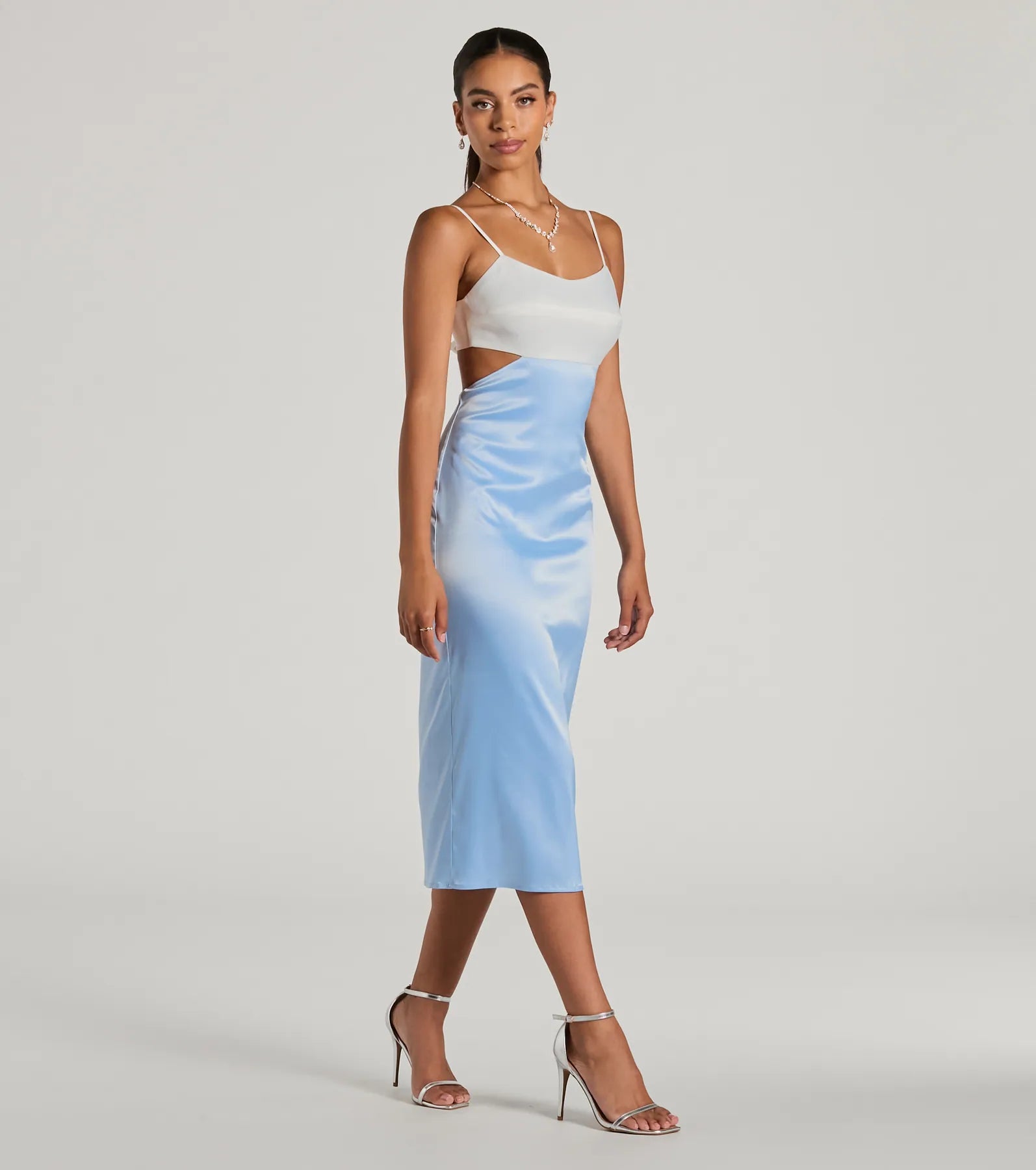 Perfect Pairing Tie Back Color Block Satin Midi Dress