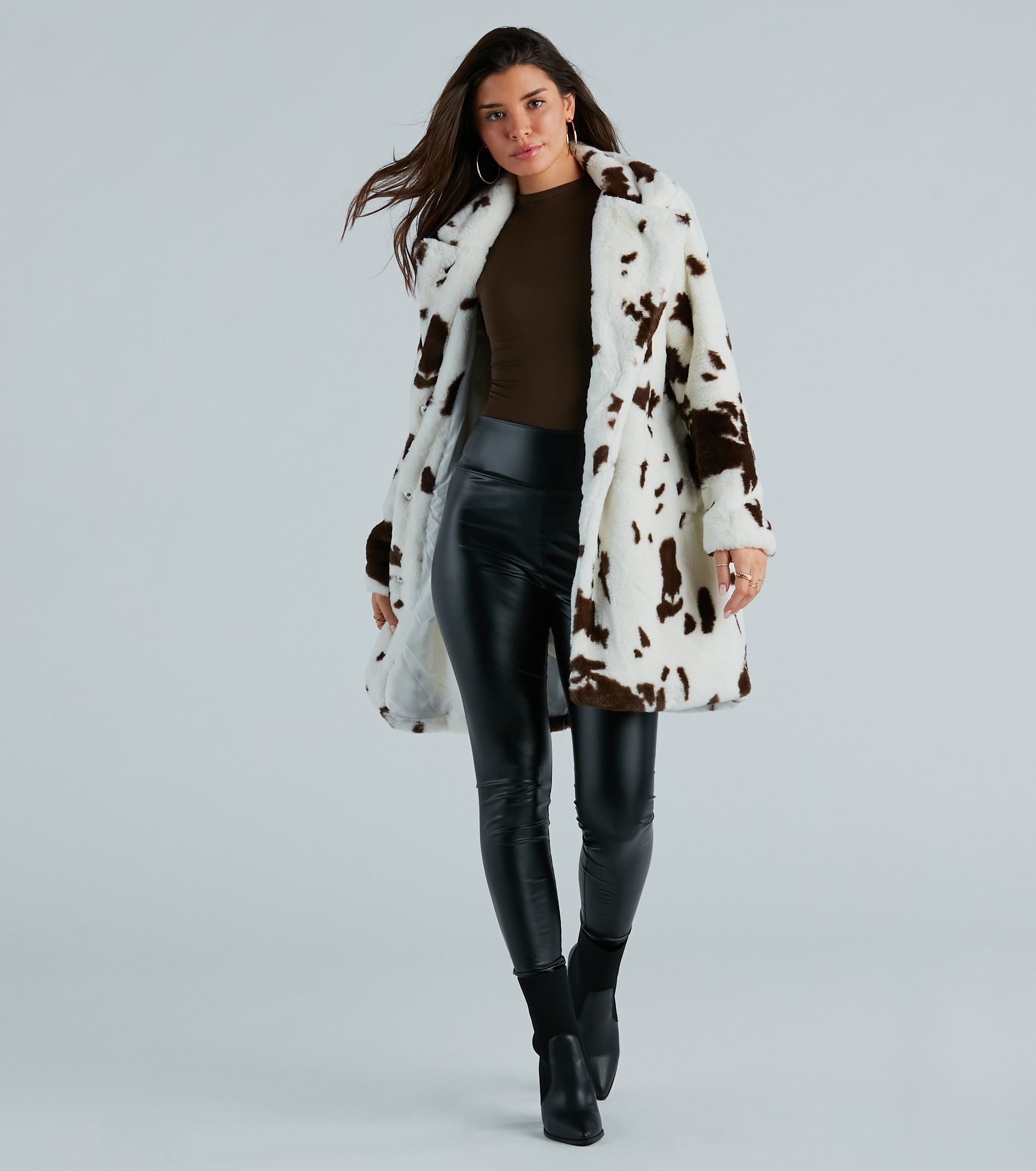 Stylishly Spotted Cow Print Faux Fur Coat