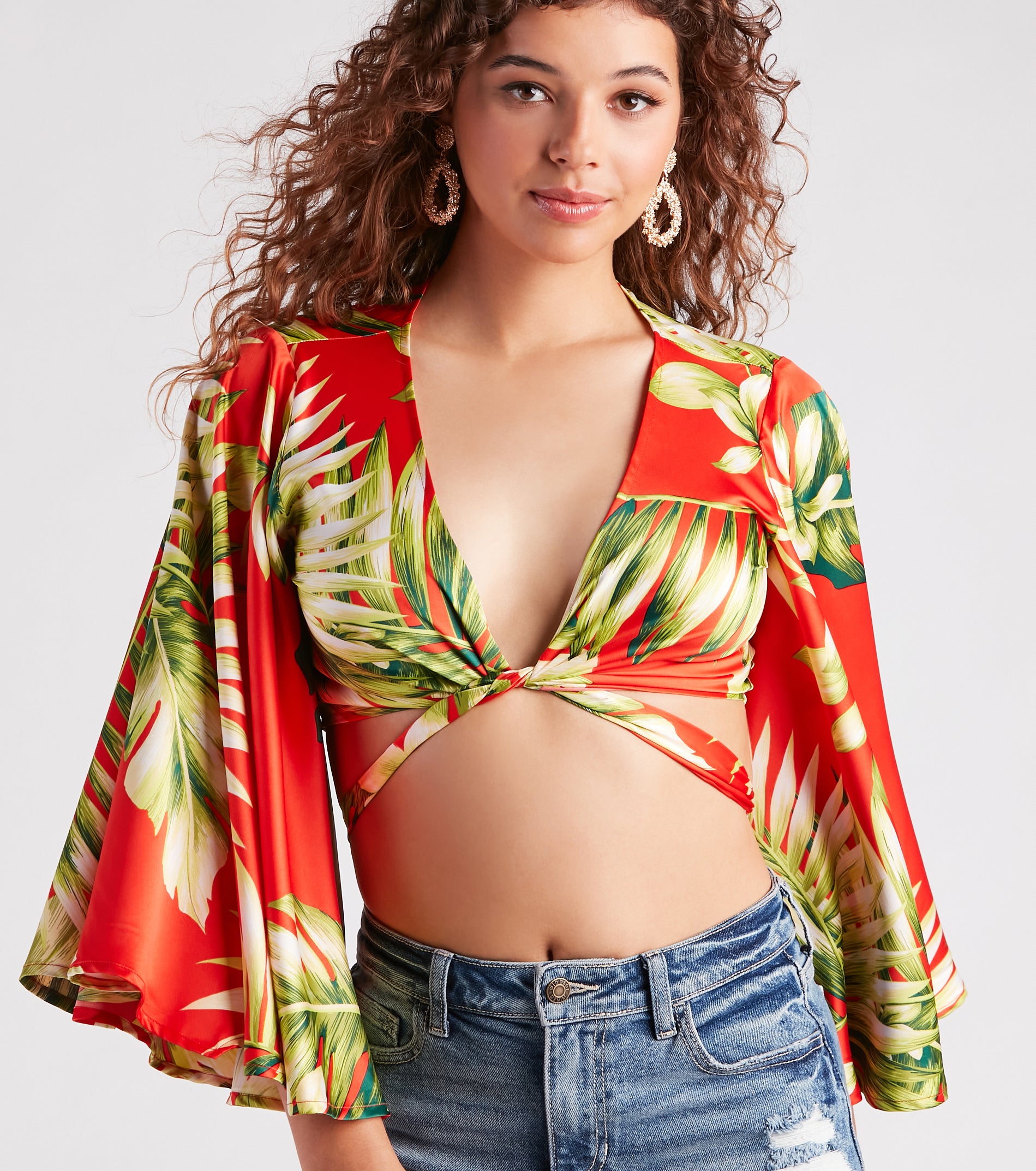 Cancun Chica Tropical Satin Tie Front Top