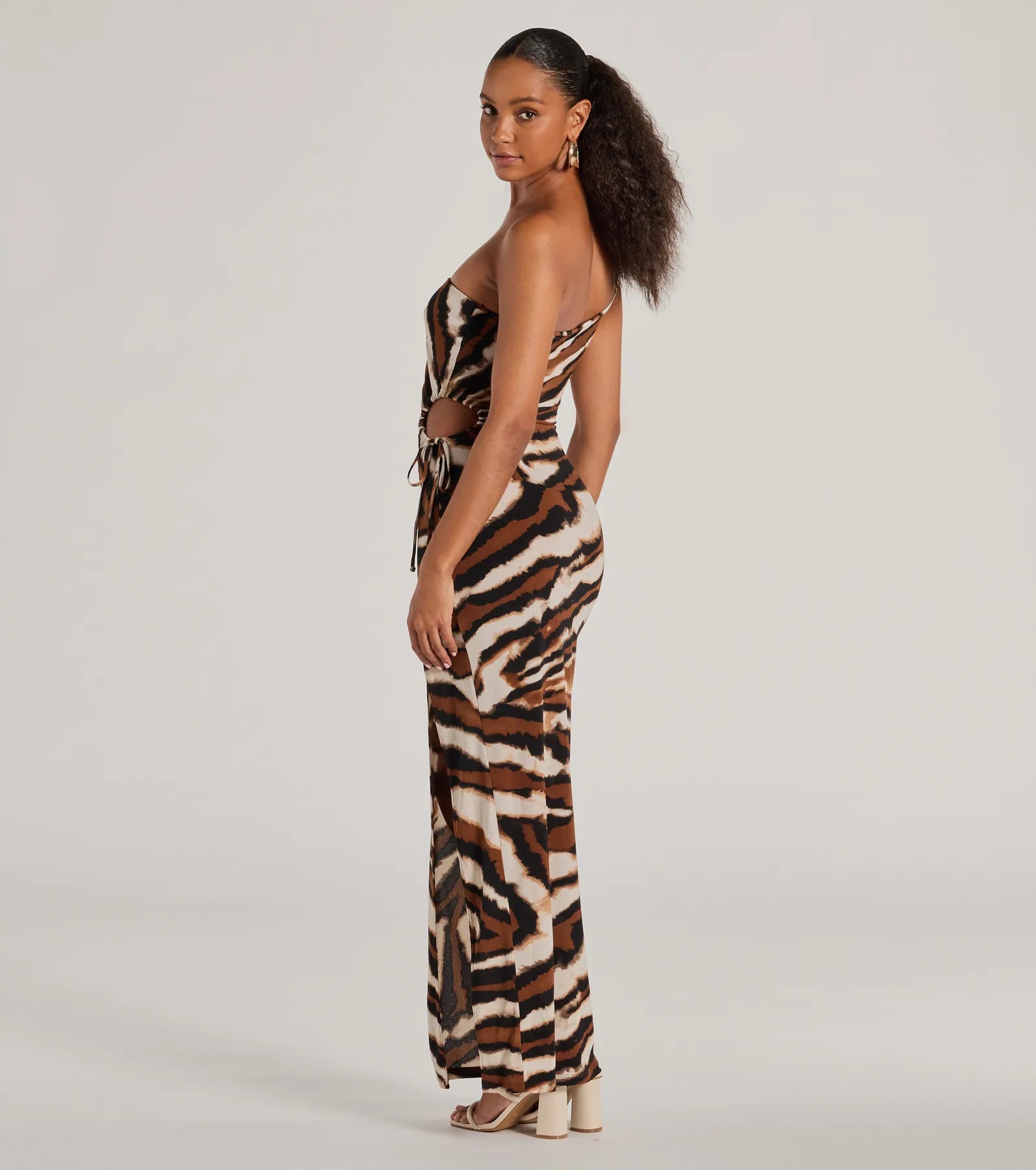 A Little Wild One-Shoulder Zebra Print Maxi Dress