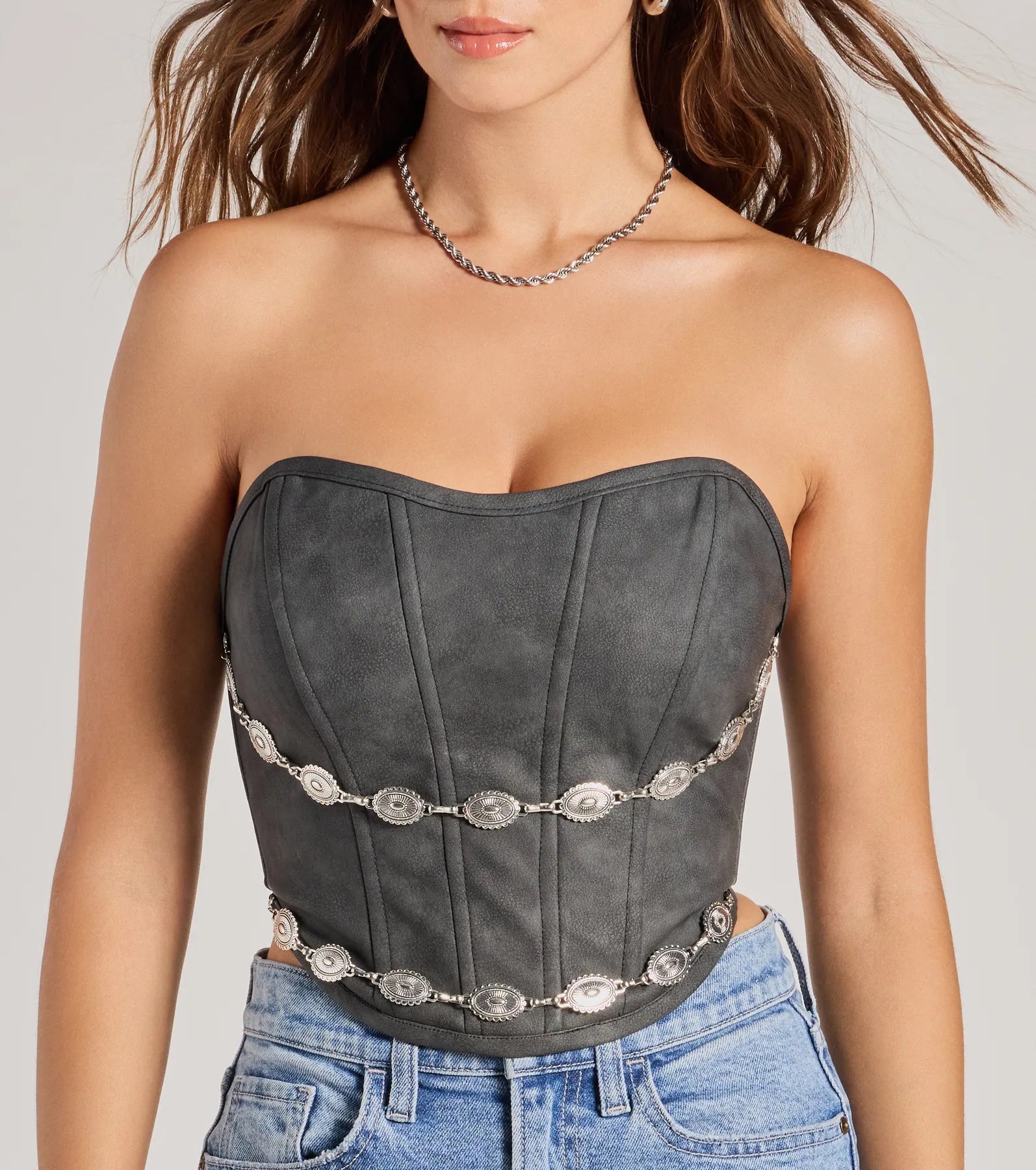 Trendy Chain Trim Faux Leather Corset Top