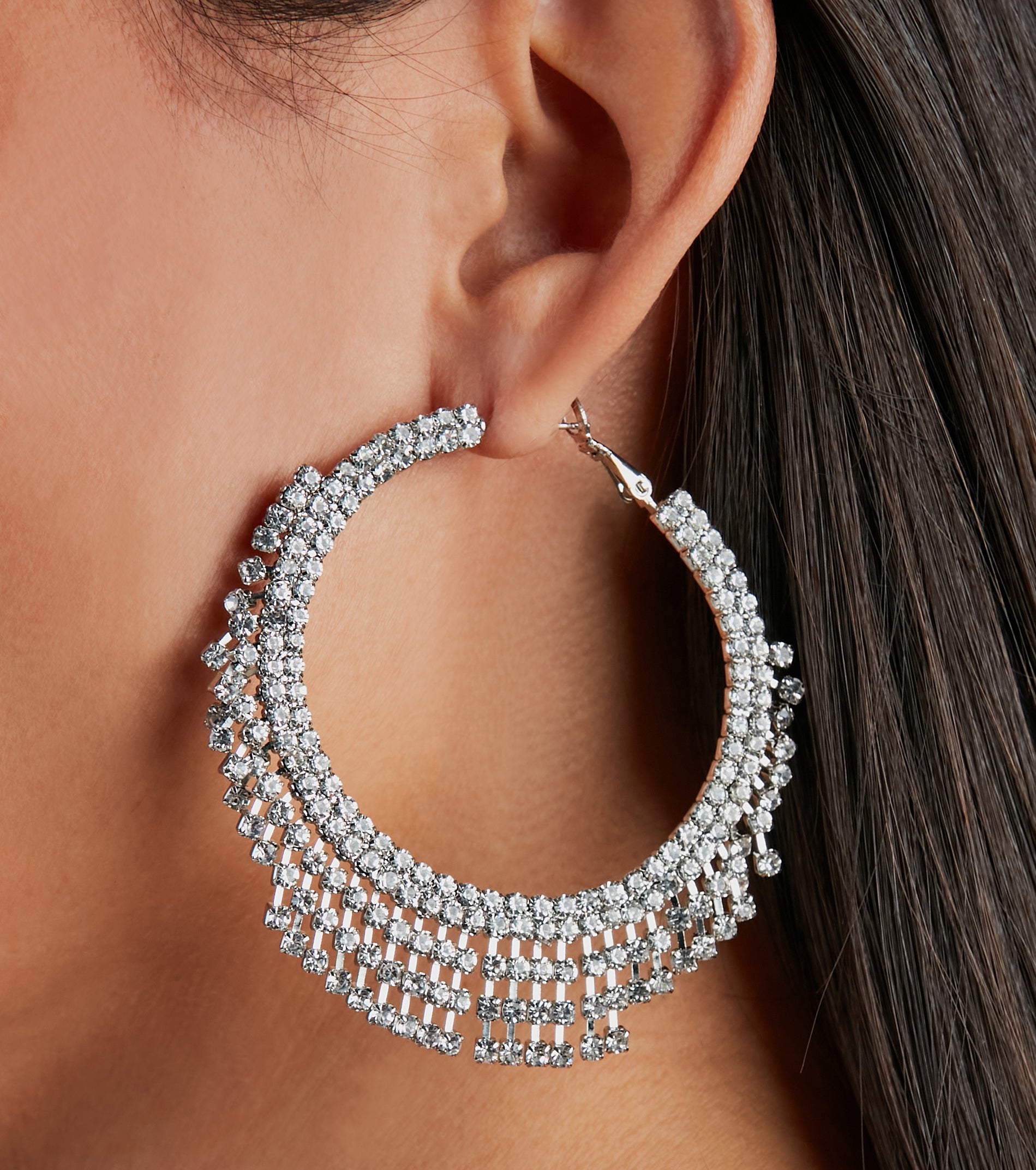 Major Beauty Rhinestone Fringe Hoop Earrings