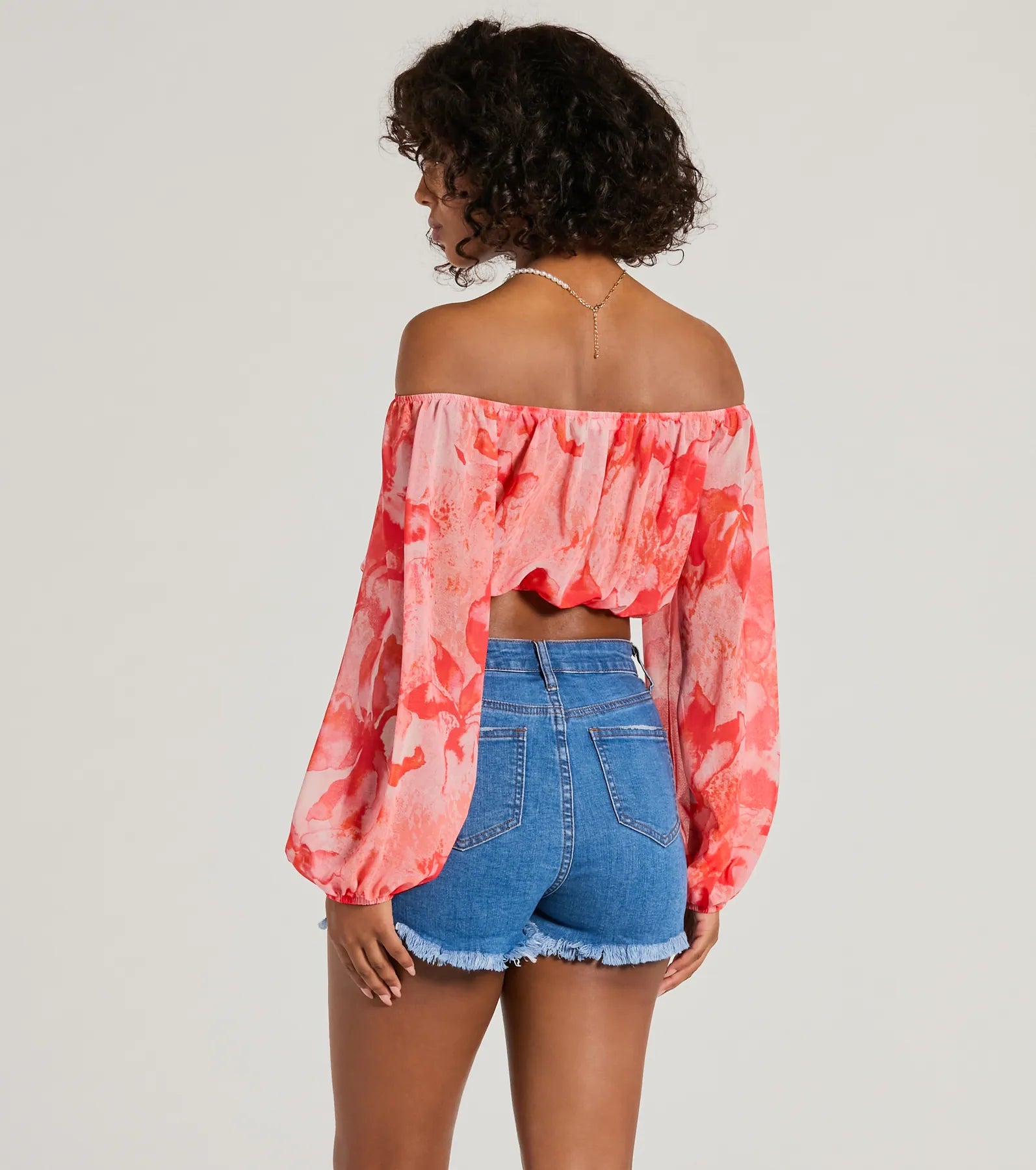 Sunset Beauty Off-The-Shoulder Marble Chiffon Crop Top