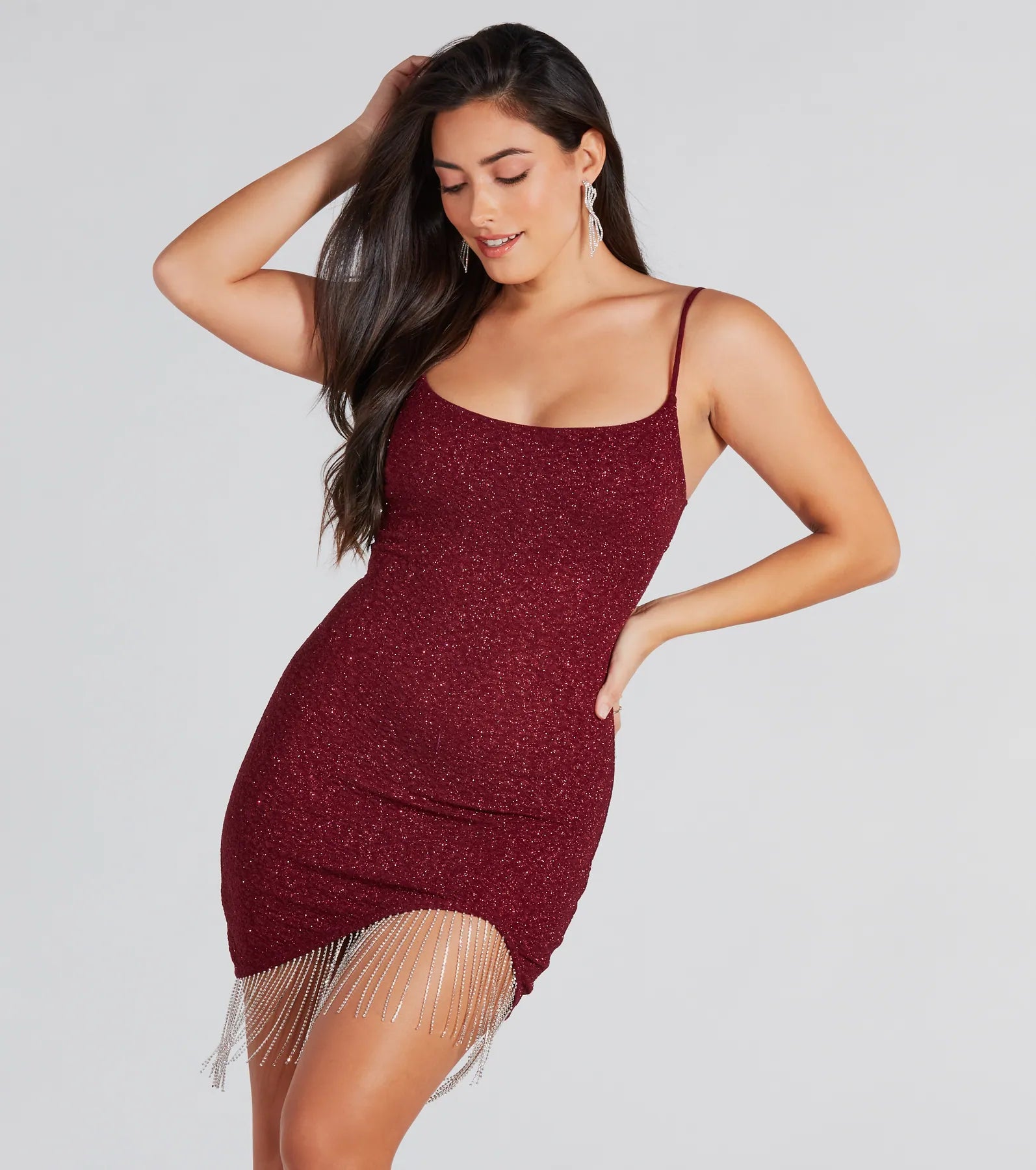 Make You Strut Glitter Rhinestone Fringe Mini Dress