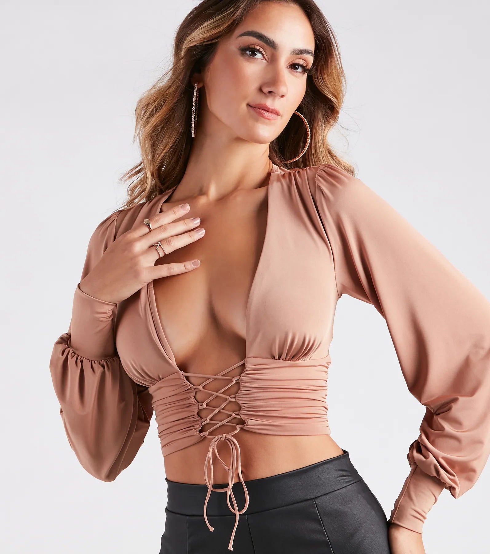 Fierce And Flawless Plunging Lace-Up Crop Top