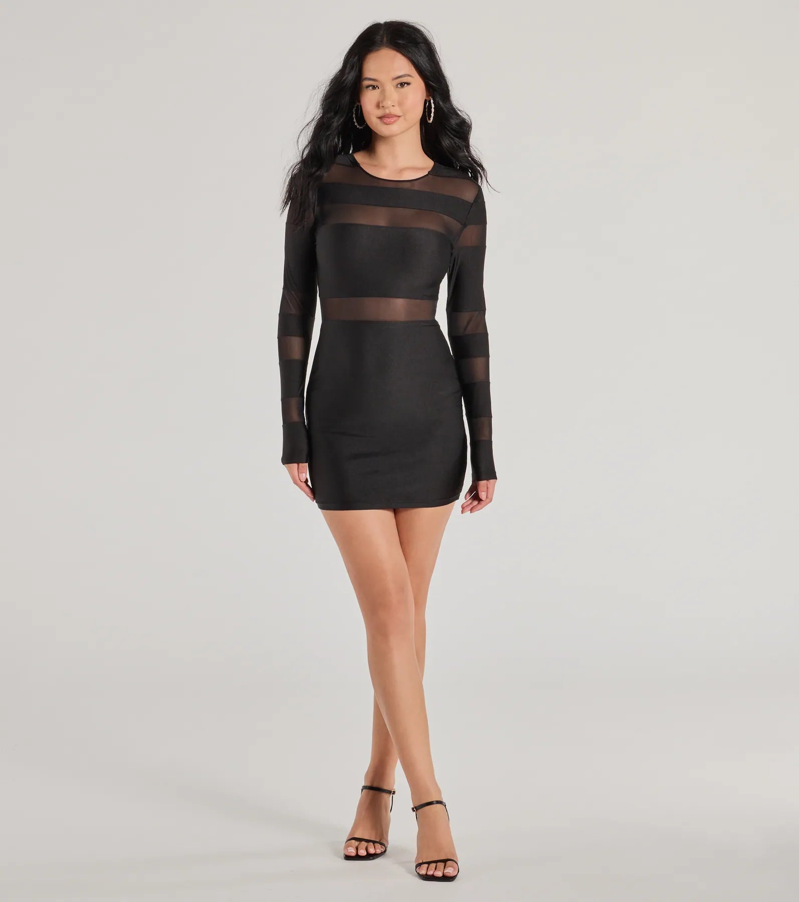 Delena Sheer Mesh Long Sleeve Bodycon Mini Dress