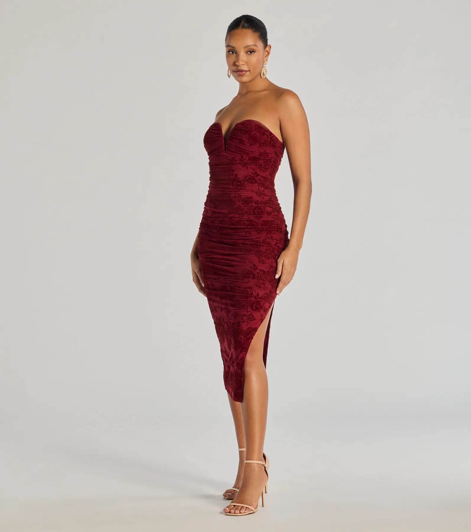 Destiny Strapless Velvet Mesh Midi Dress