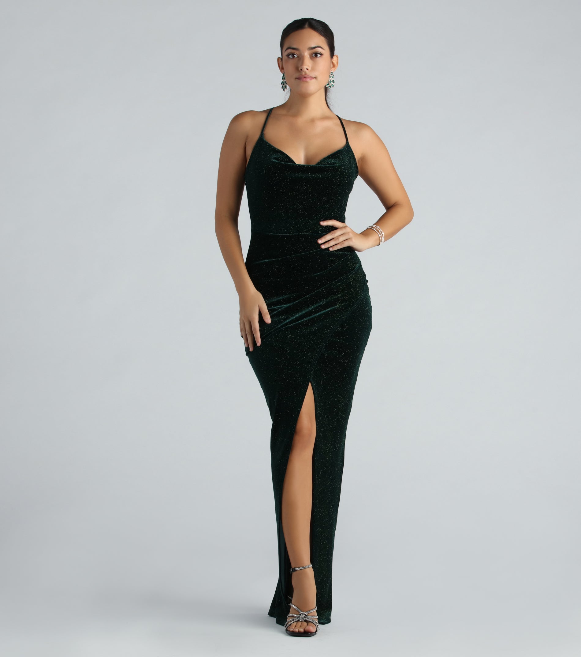 Prianka Formal Glitter Velvet Cowl Neck Dress