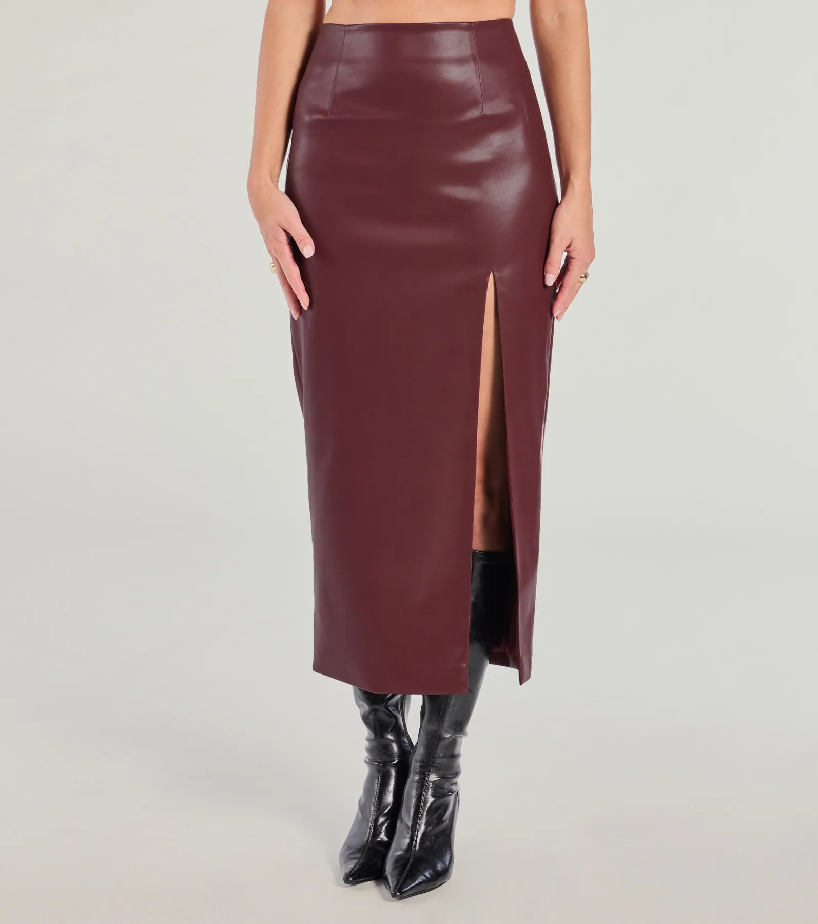 Chic Moment High-Slit Faux Leather Midi Skirt