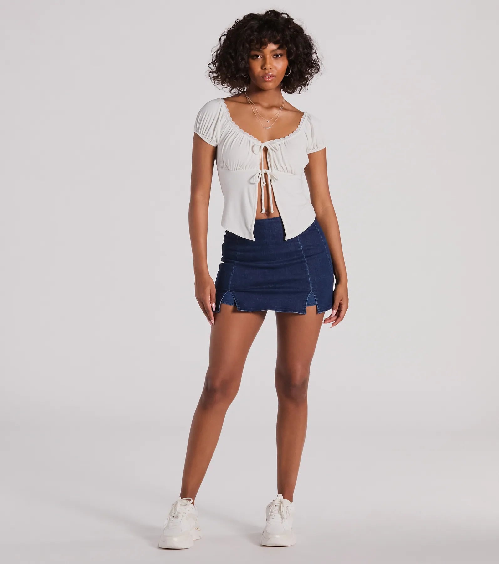 Sultry Example Tie-Front Lace Trim Crop Top