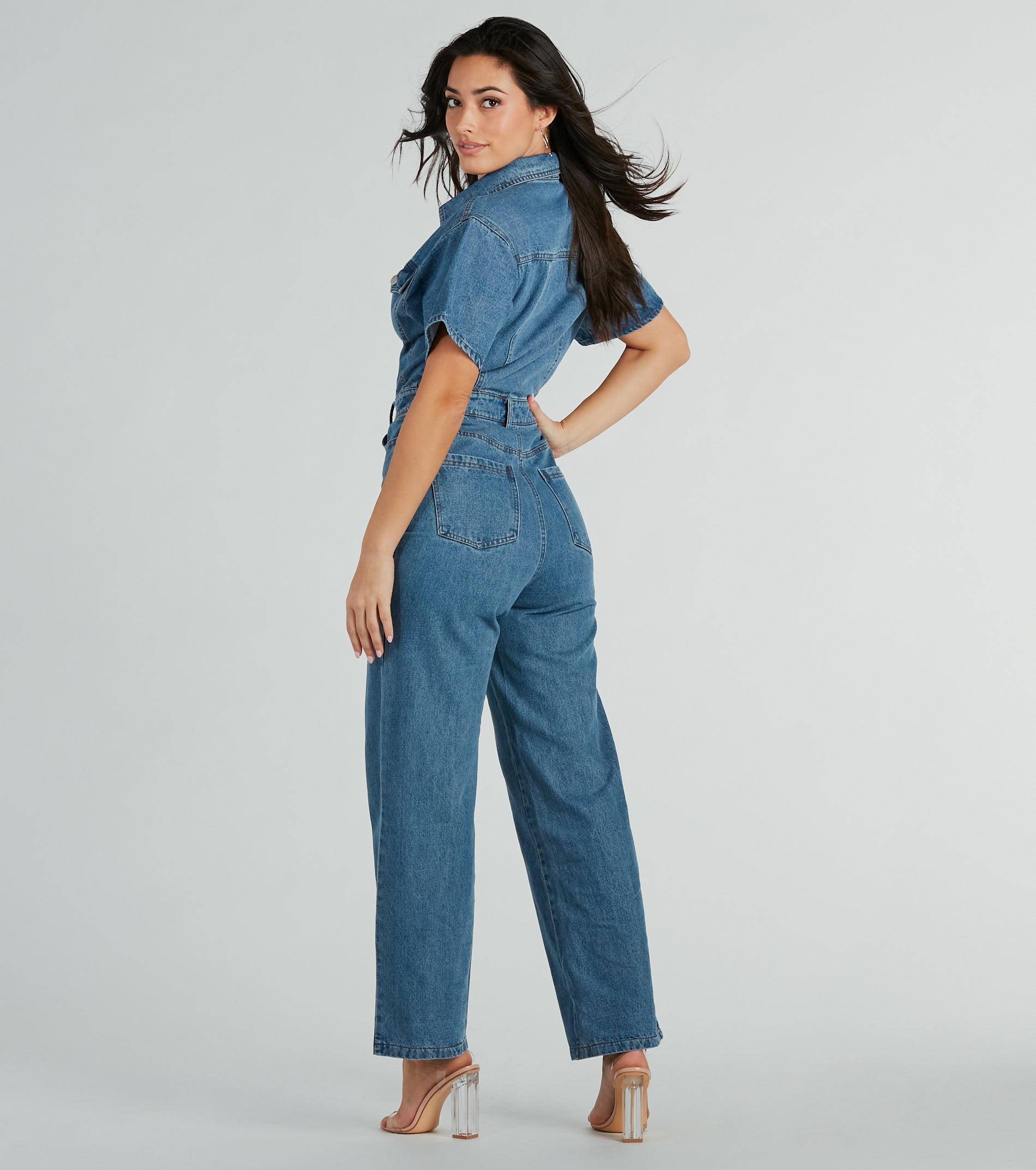 One And Done Short Sleeve Wide-Leg Denim Jumpsuit