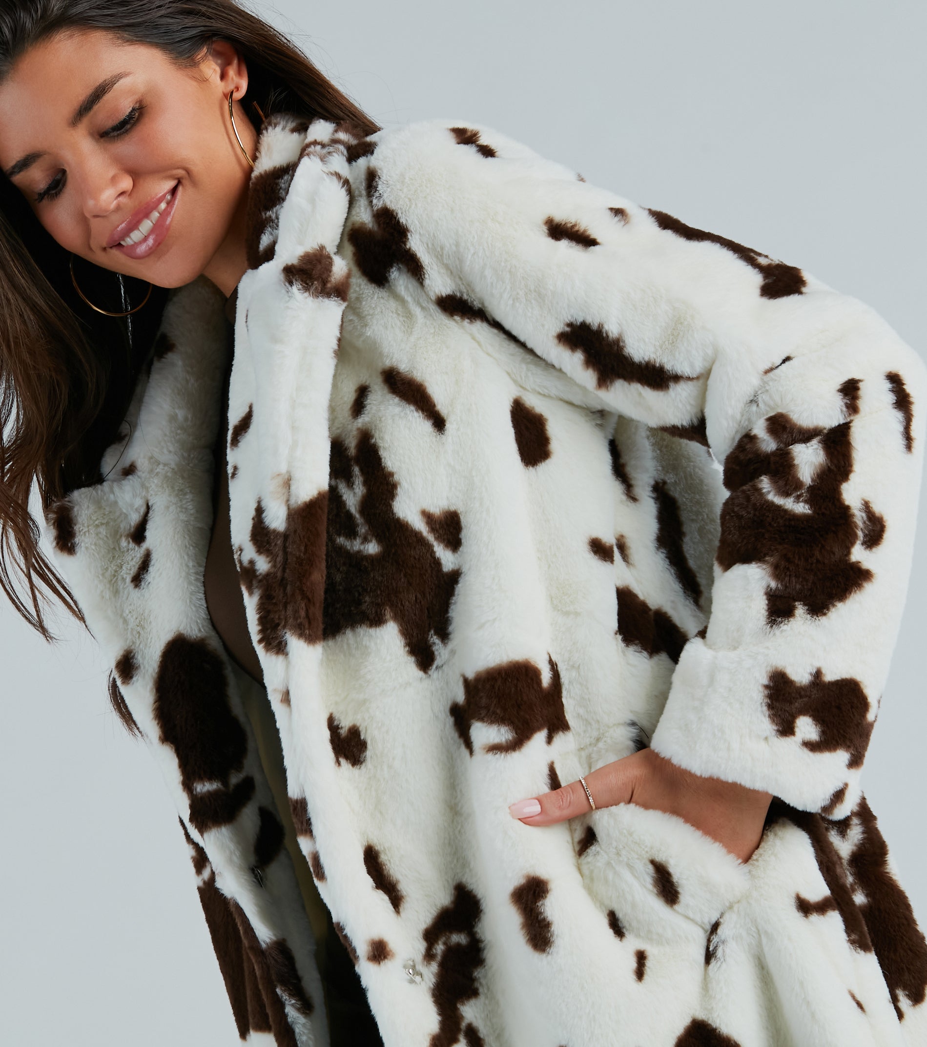 Stylishly Spotted Cow Print Faux Fur Coat