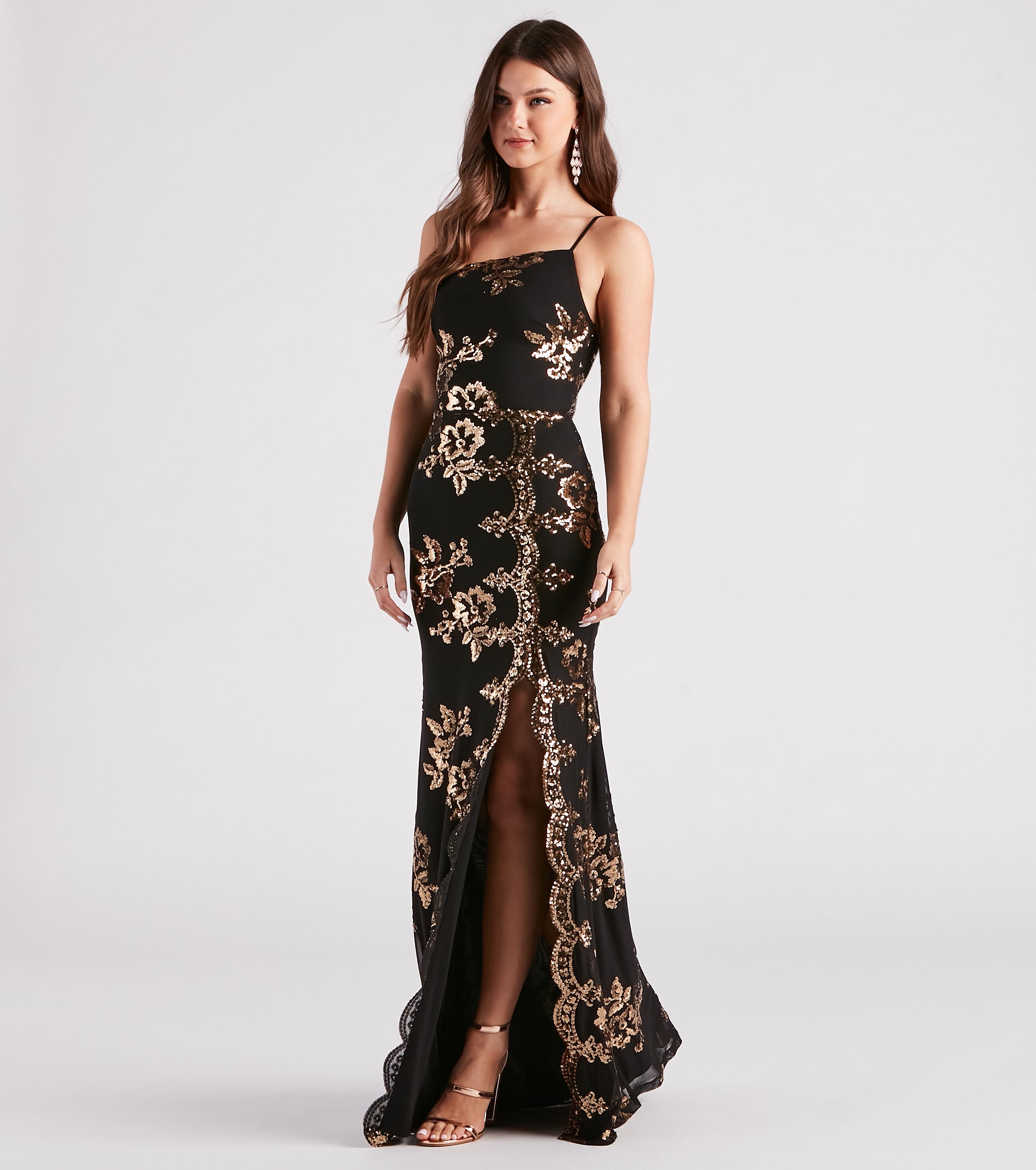 Kamryn Floral Sequin High Slit Formal Dress