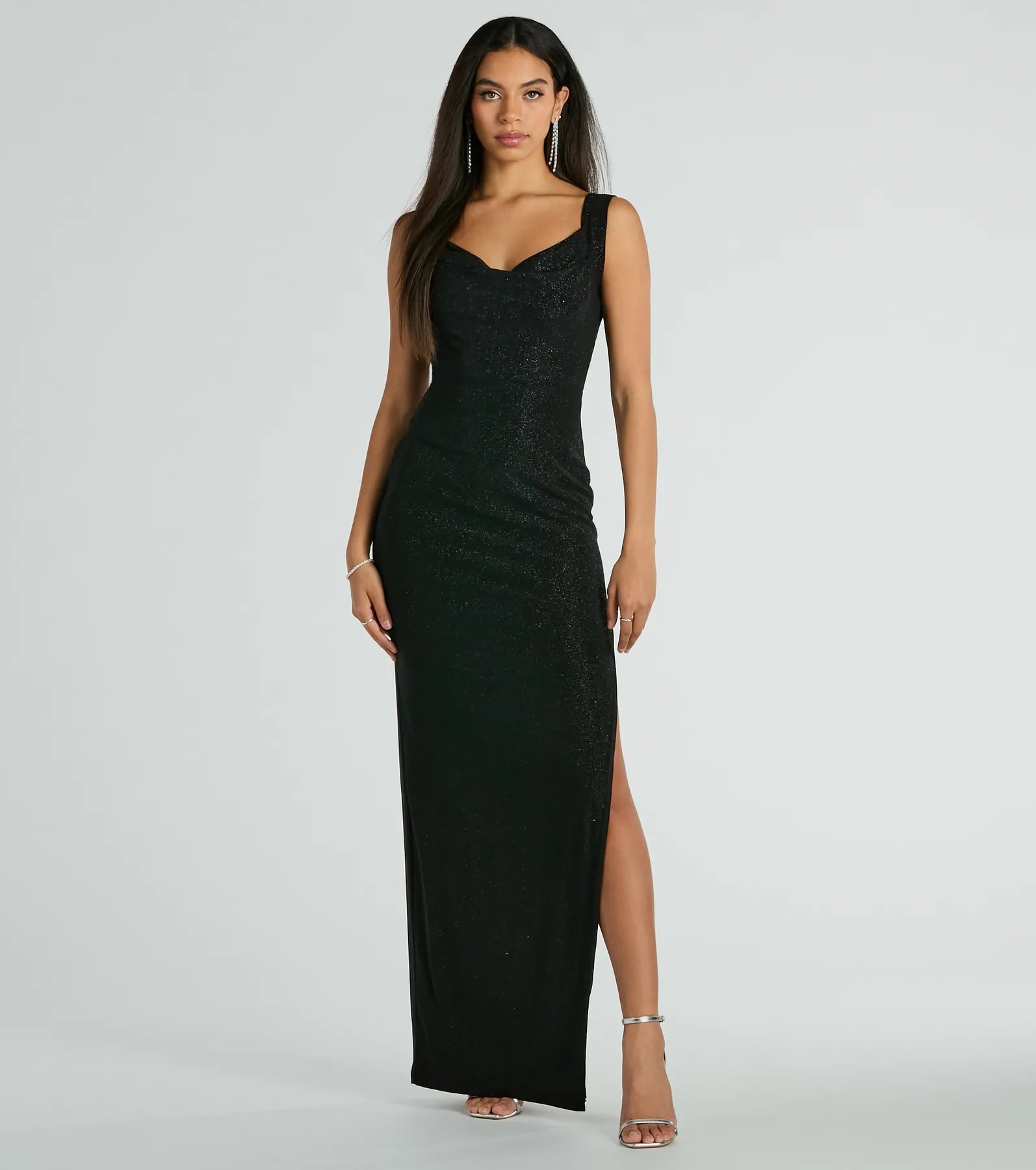 Claire Low-Back Slim Glitter Mesh Formal Dress