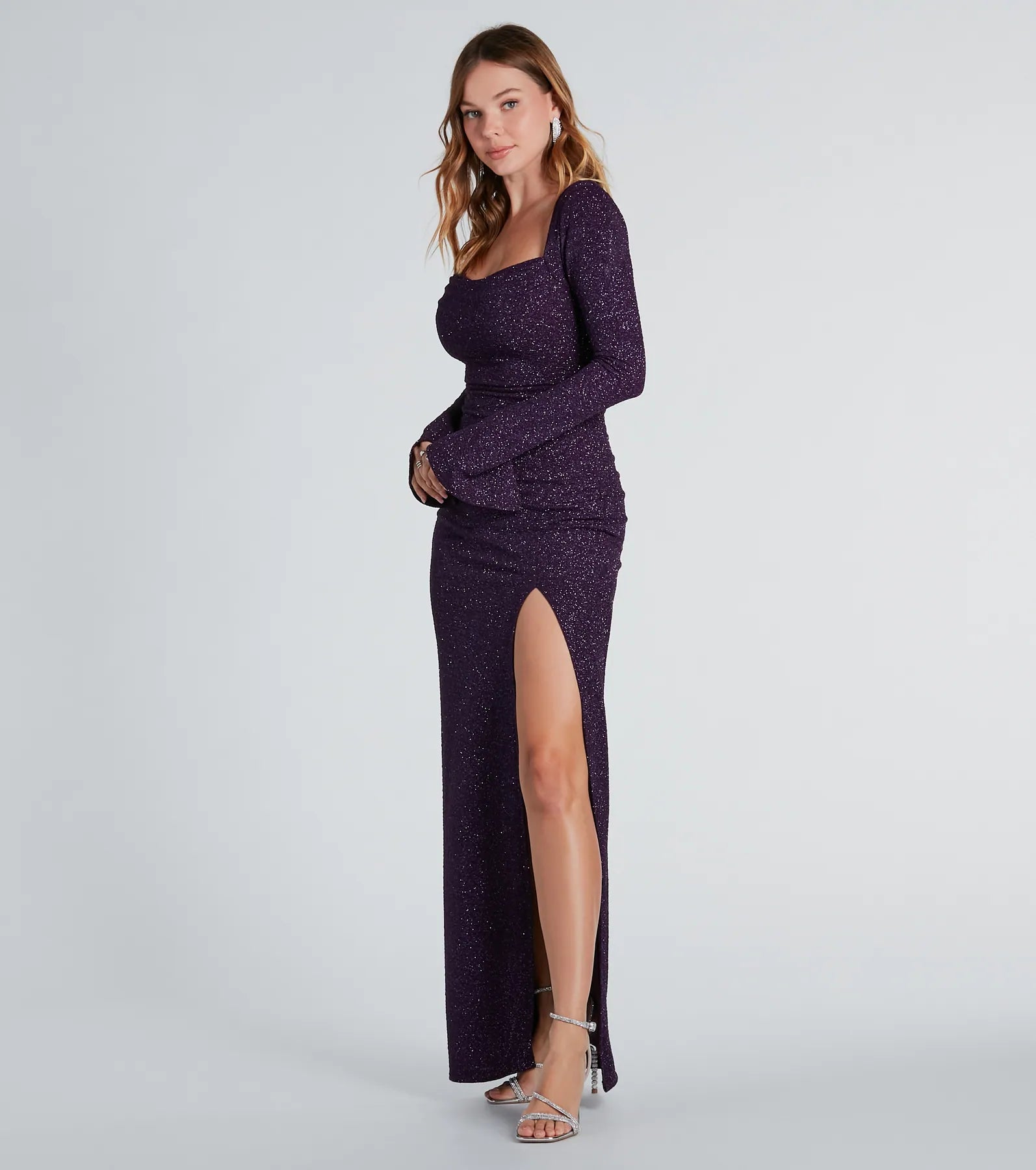 Jess Formal Glitter Long Sleeve Slit Dress