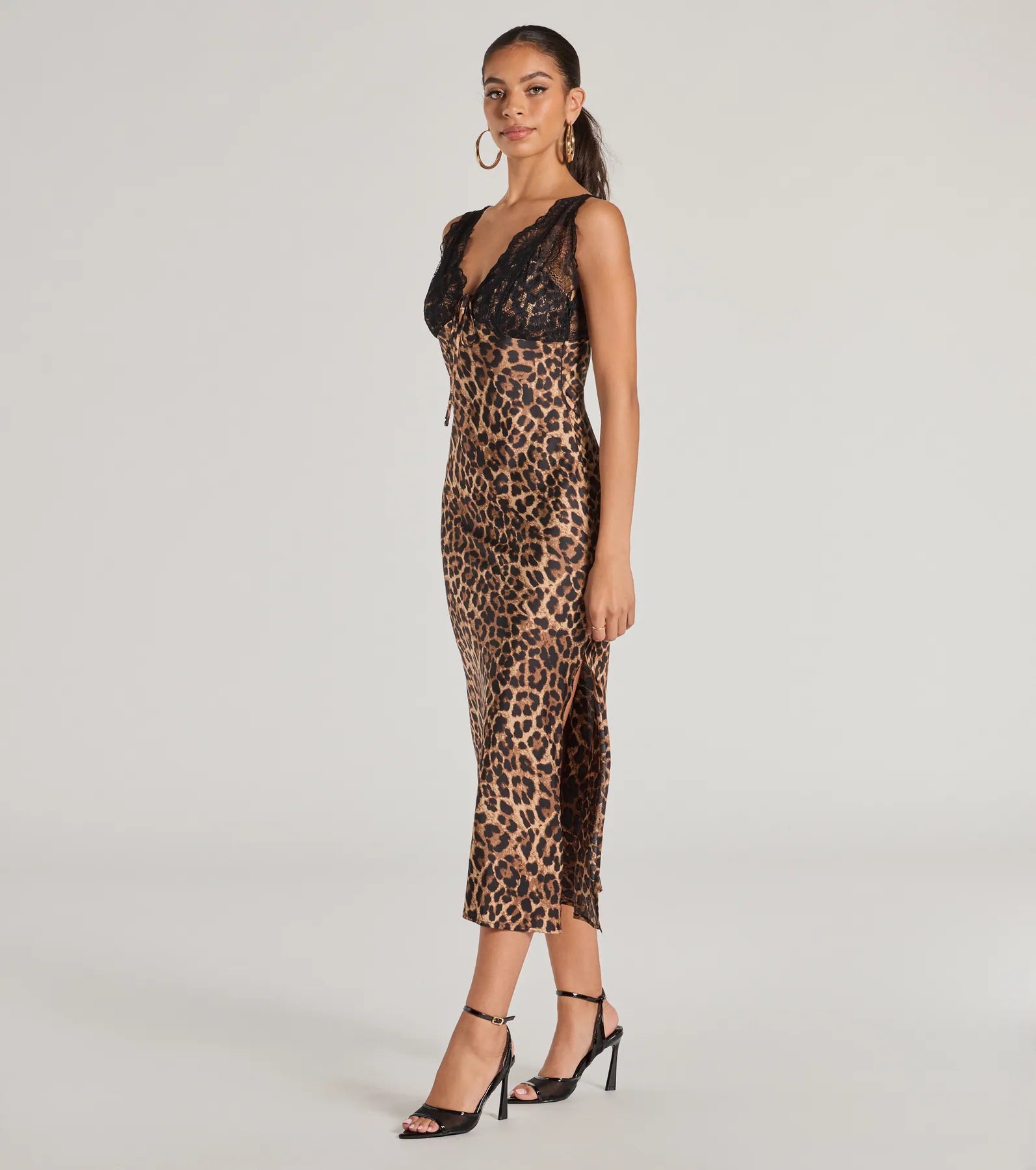 Sleek Leopard Print Lace And Satin Midi Dress