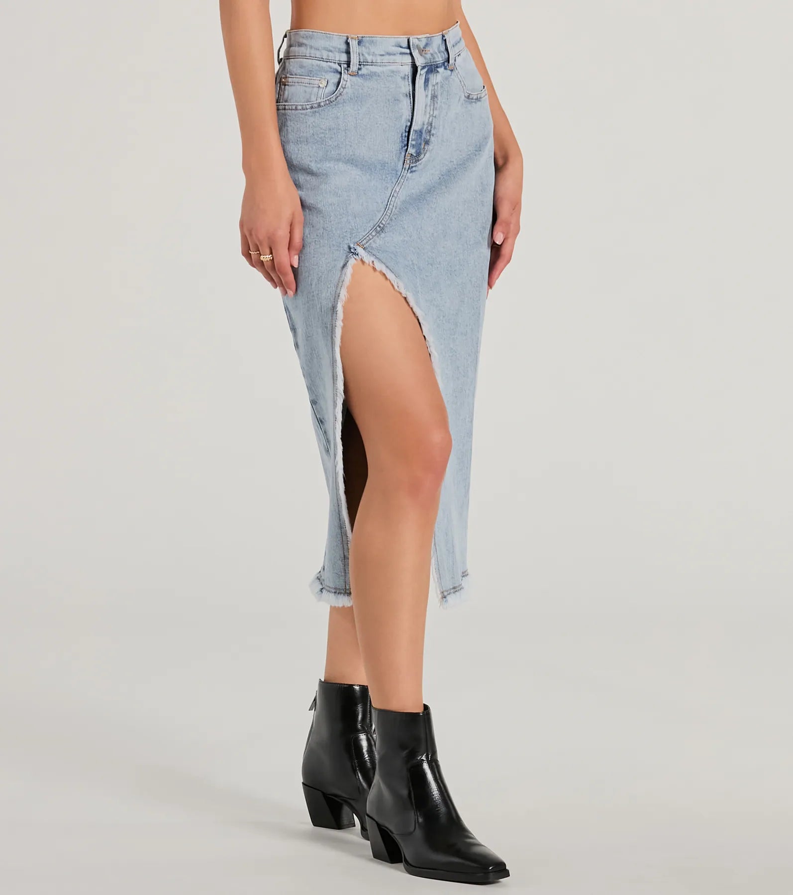 Cool Composure High-Rise Frayed Slit Denim Midi Skirt