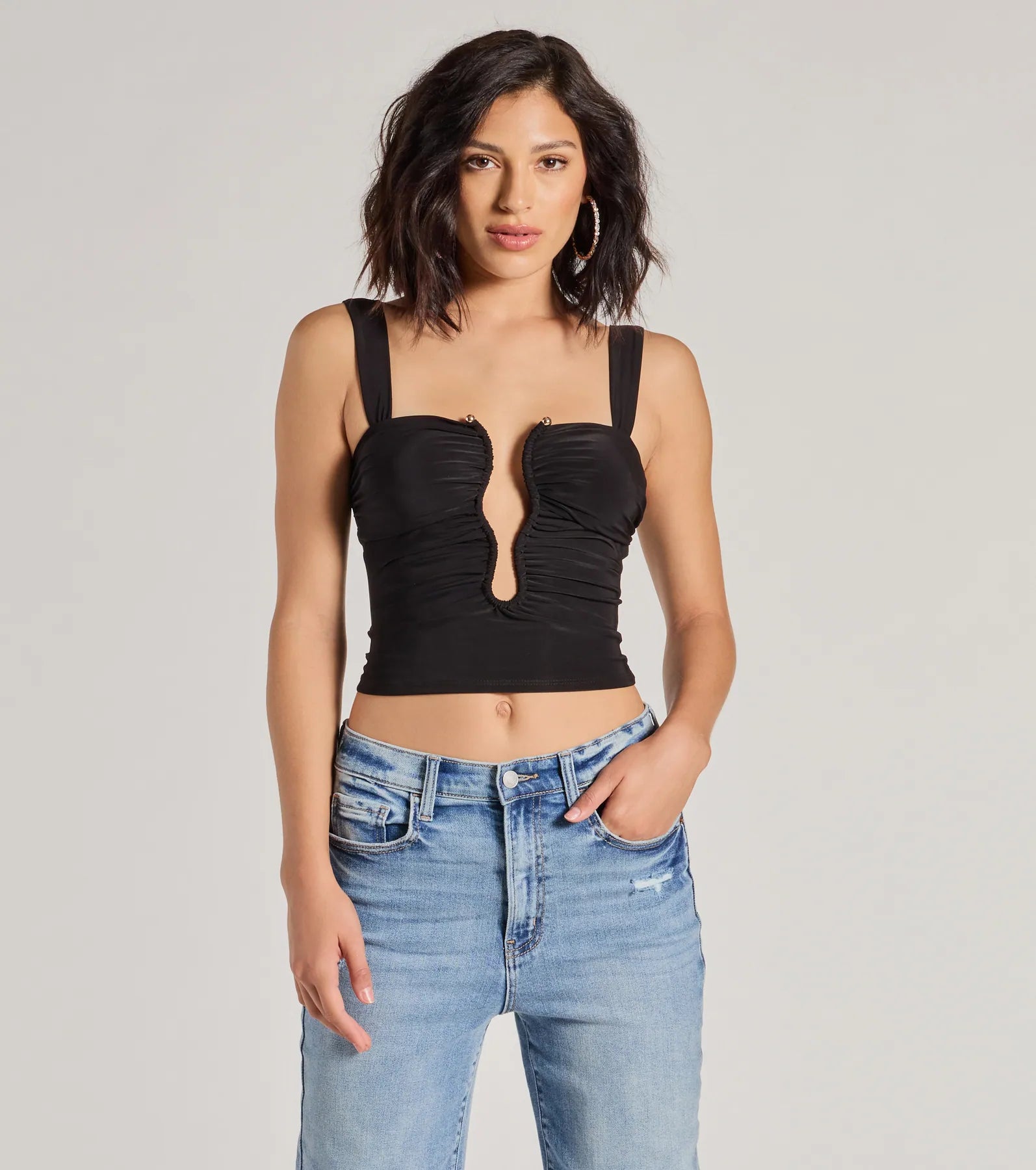 Chic Illusion Plunge Cutout Ruched Tank Top