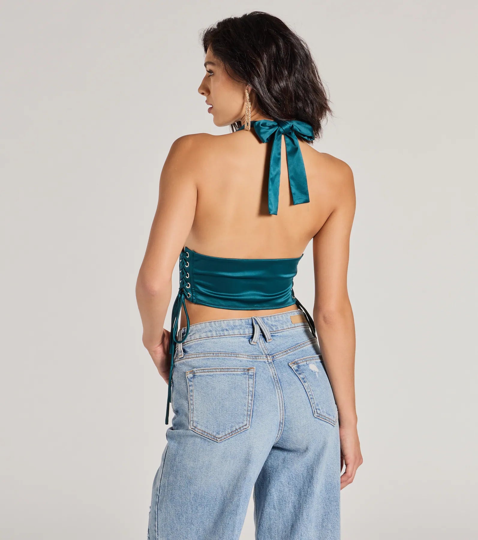 Edgy Luxe Satin Halter Cropped Corset Top