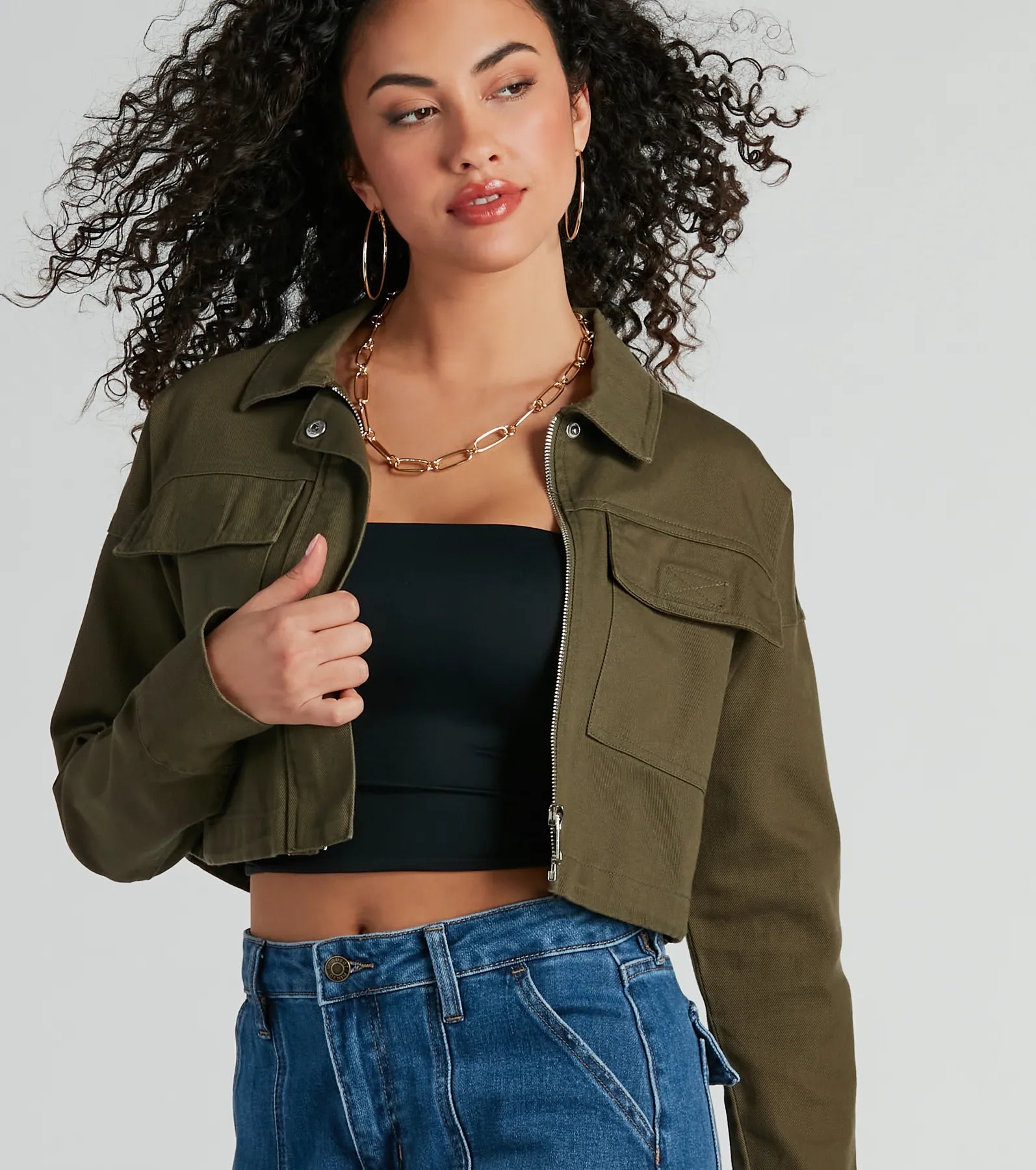 Stylish Expedition Cargo Pocket Crop Bomber Jacket