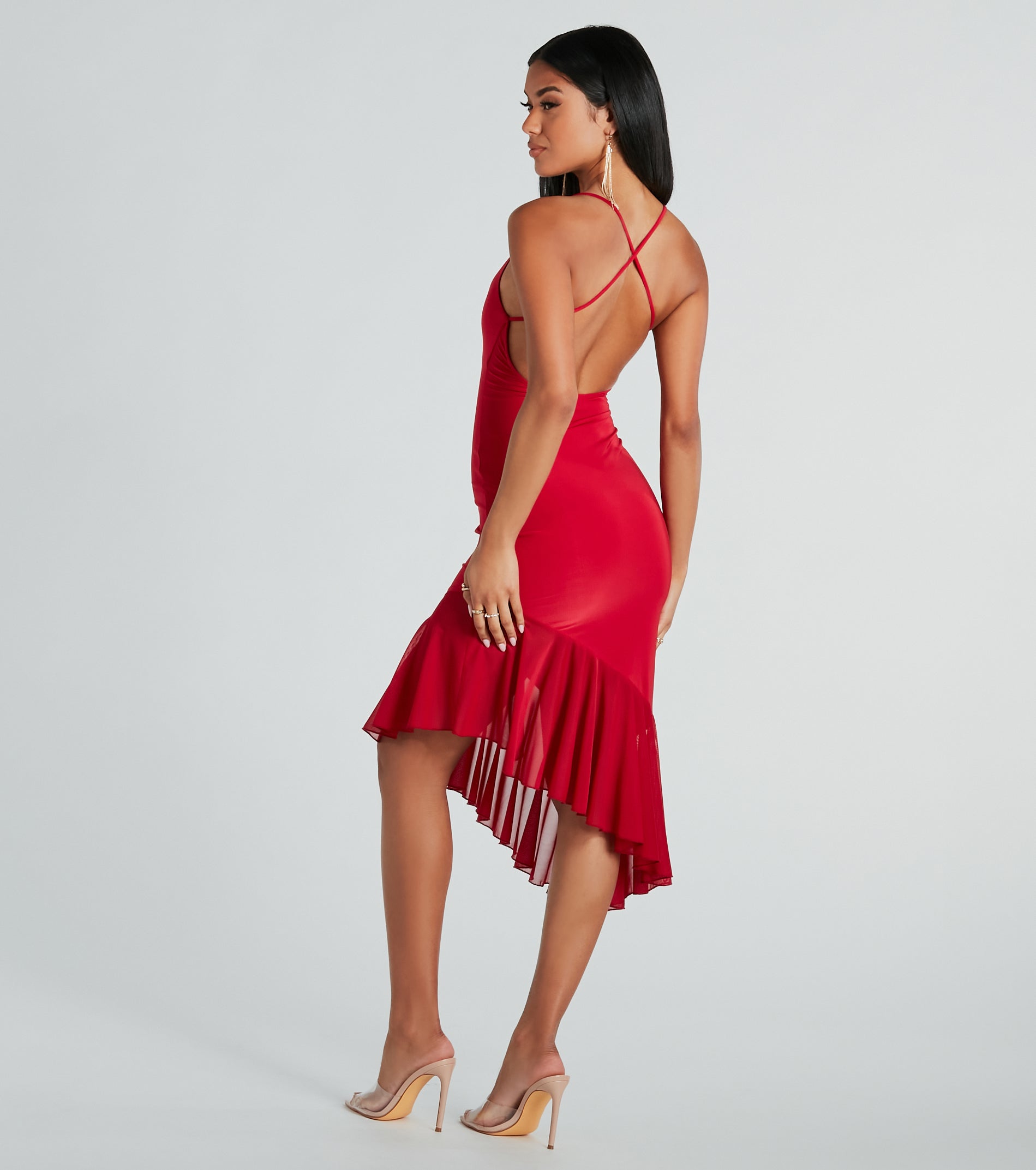 Timeless Allure Cowl Neck Mesh Ruffle Midi Dress