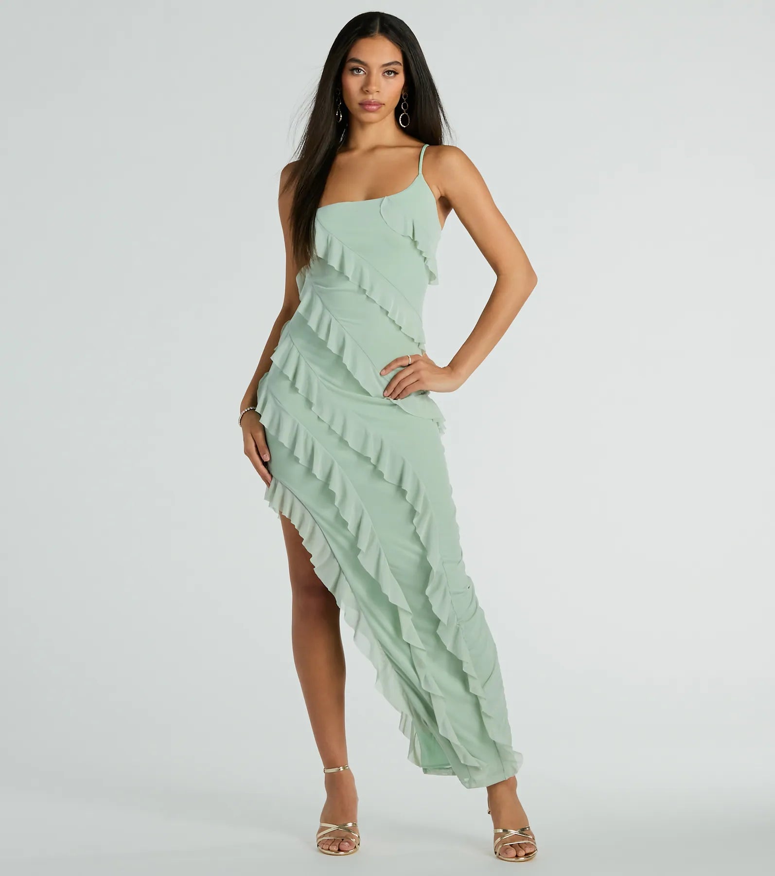 Jaymie One-Shoulder Ruffle Slit Formal Dress