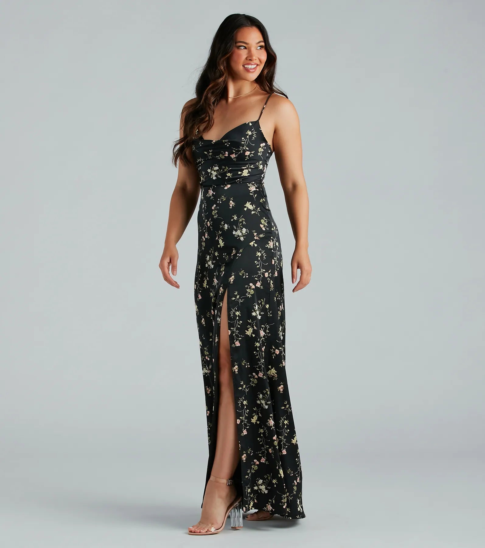 Mackenzie Formal Satin Floral Lace-Up Dress