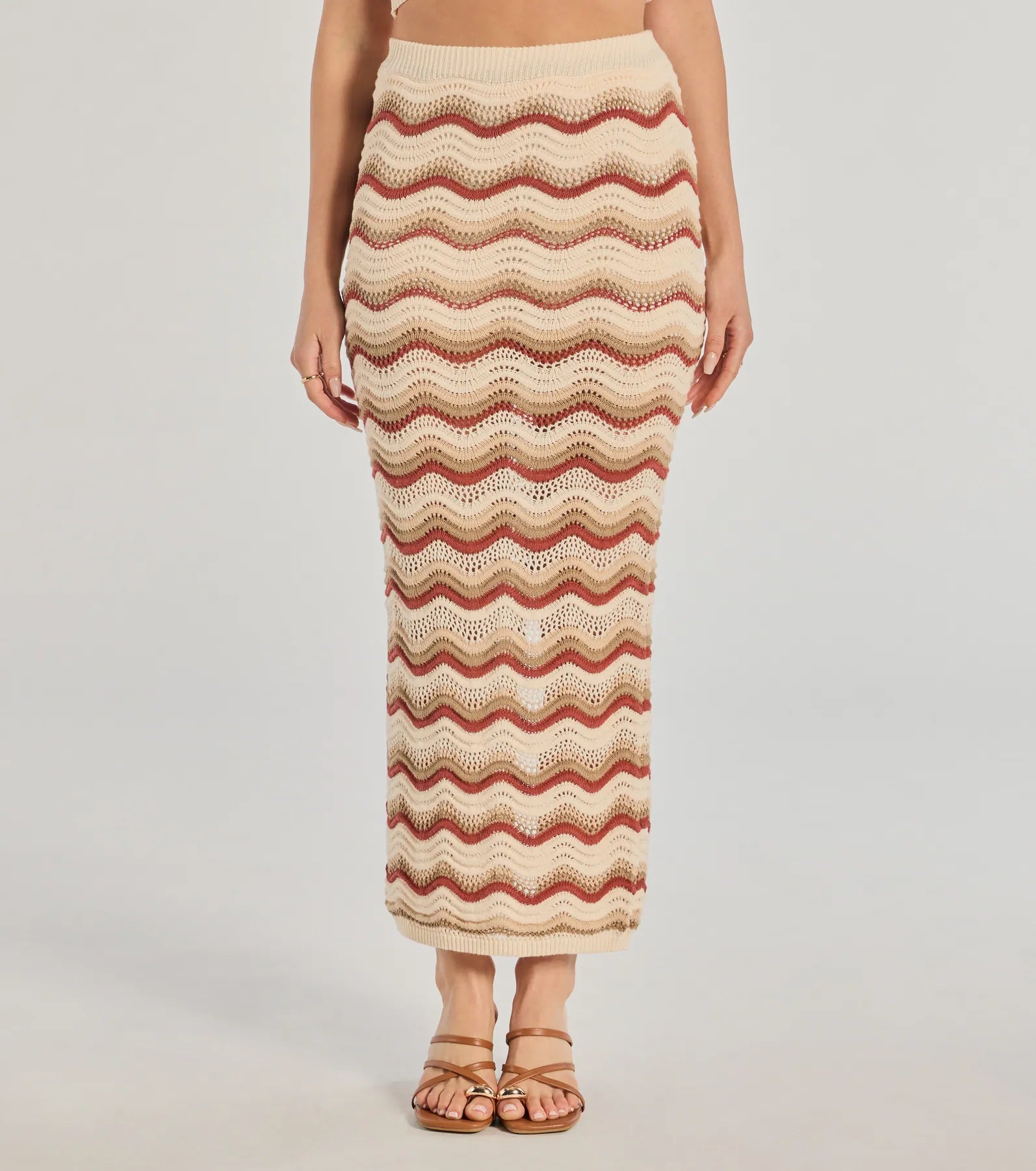 Retro Chic Wavy Striped Crochet Midi Skirt