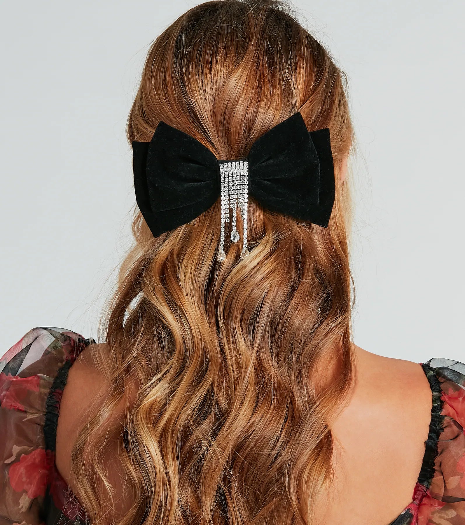 Luxe Velvet Bow Hair Clip With Rhinestone Fringe