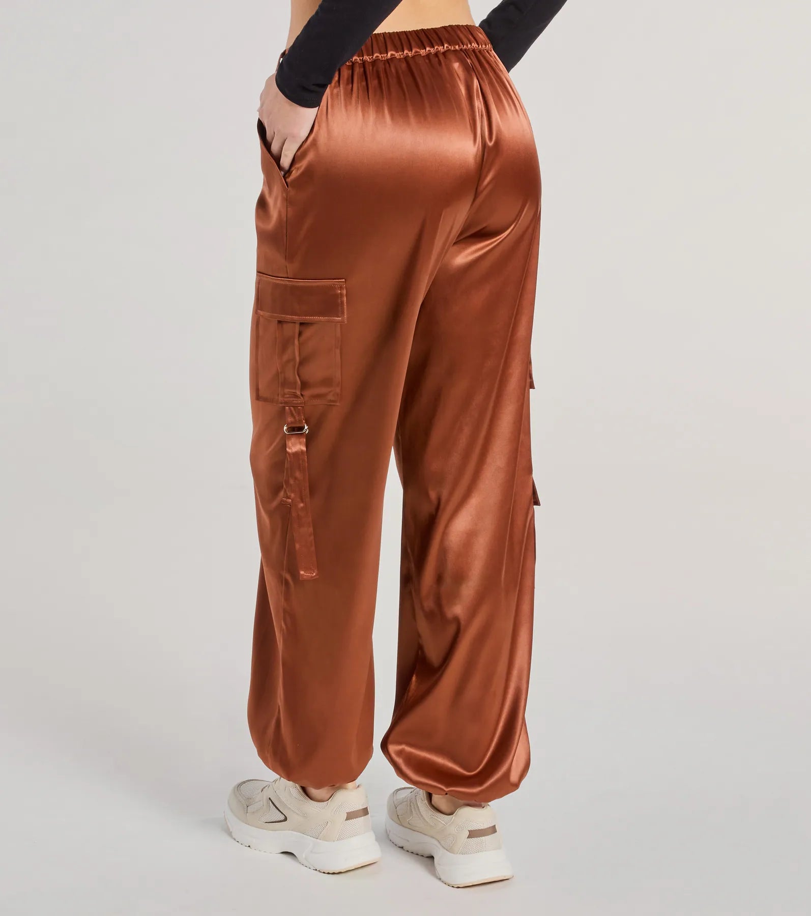 Sleek Sensation Satin High-Rise Cargo Joggers