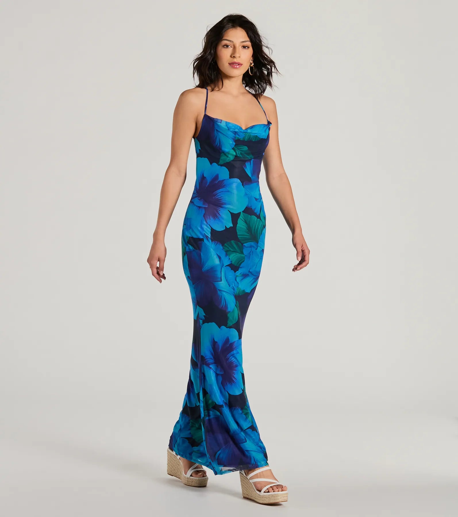 Ocean Breeze Cowl Neck Low Back Tropical Maxi Dress