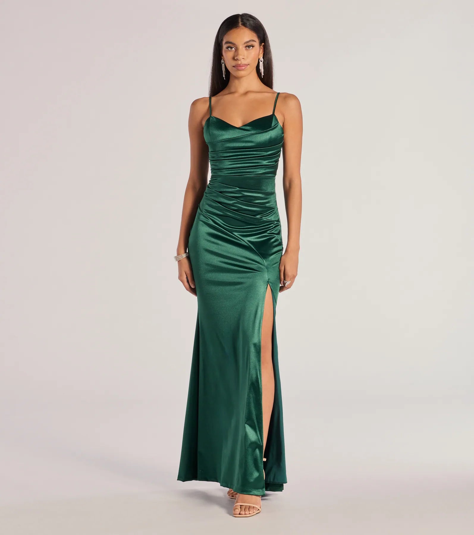 Kamari Satin Pleated High Slit Mermaid Dress